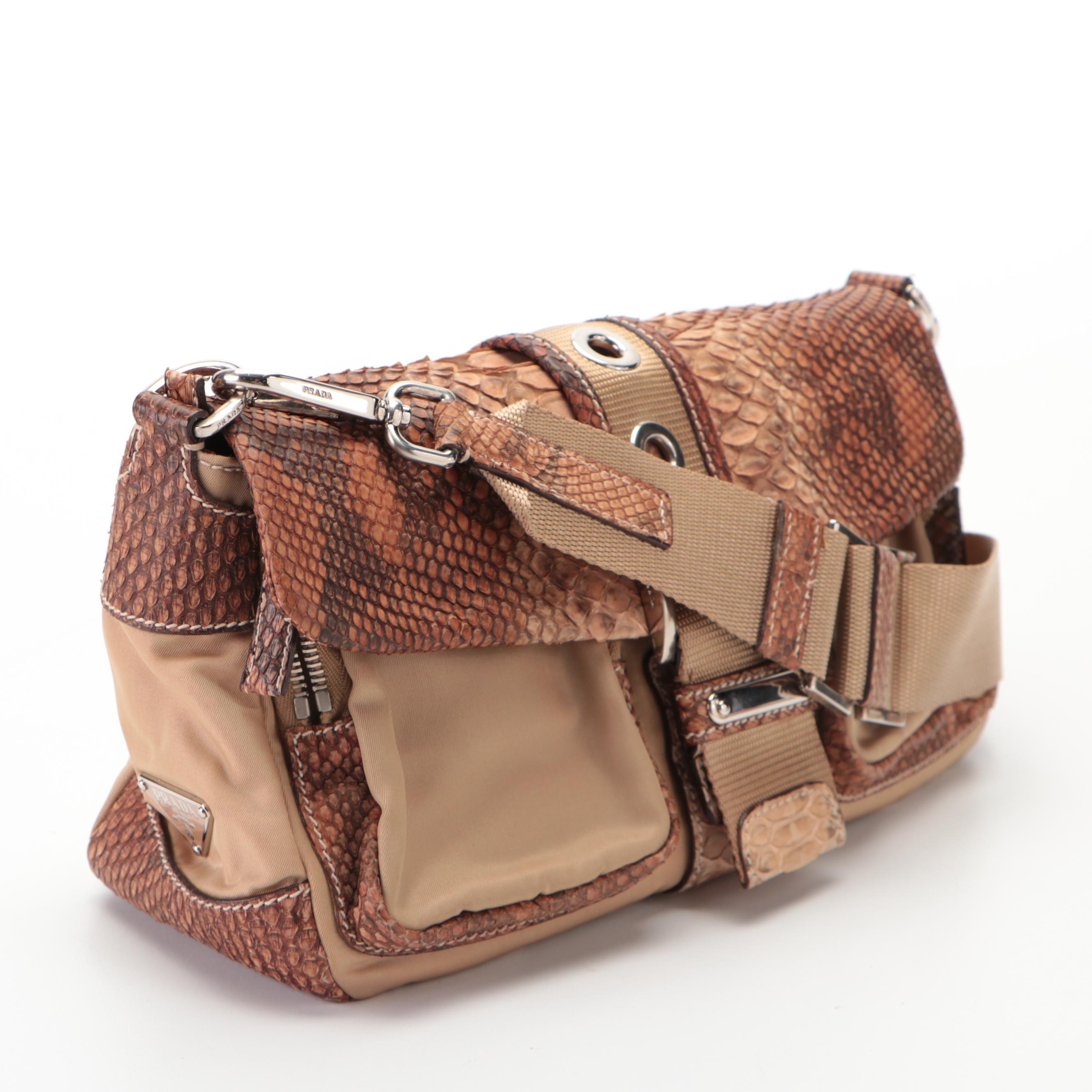 Prada Double Front Pocket Small Shoulder Bag in Tan Nylon Tessuto and Python