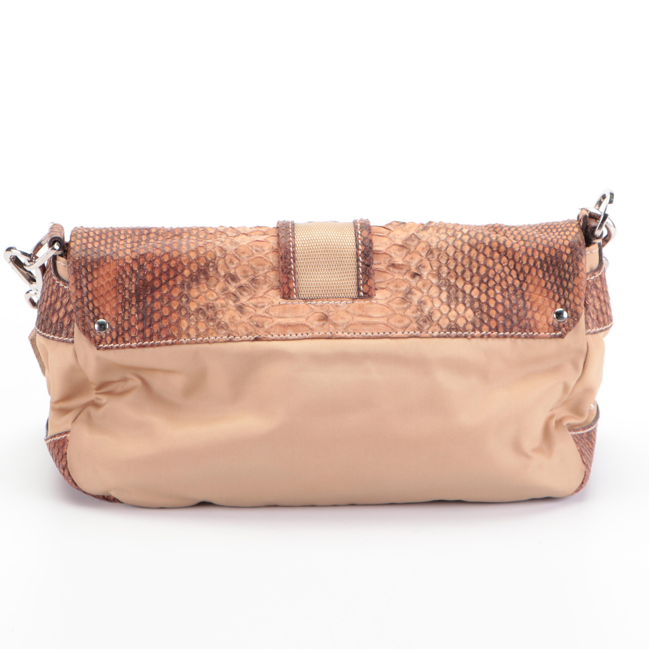 Prada Double Front Pocket Small Shoulder Bag in Tan Nylon Tessuto and Python