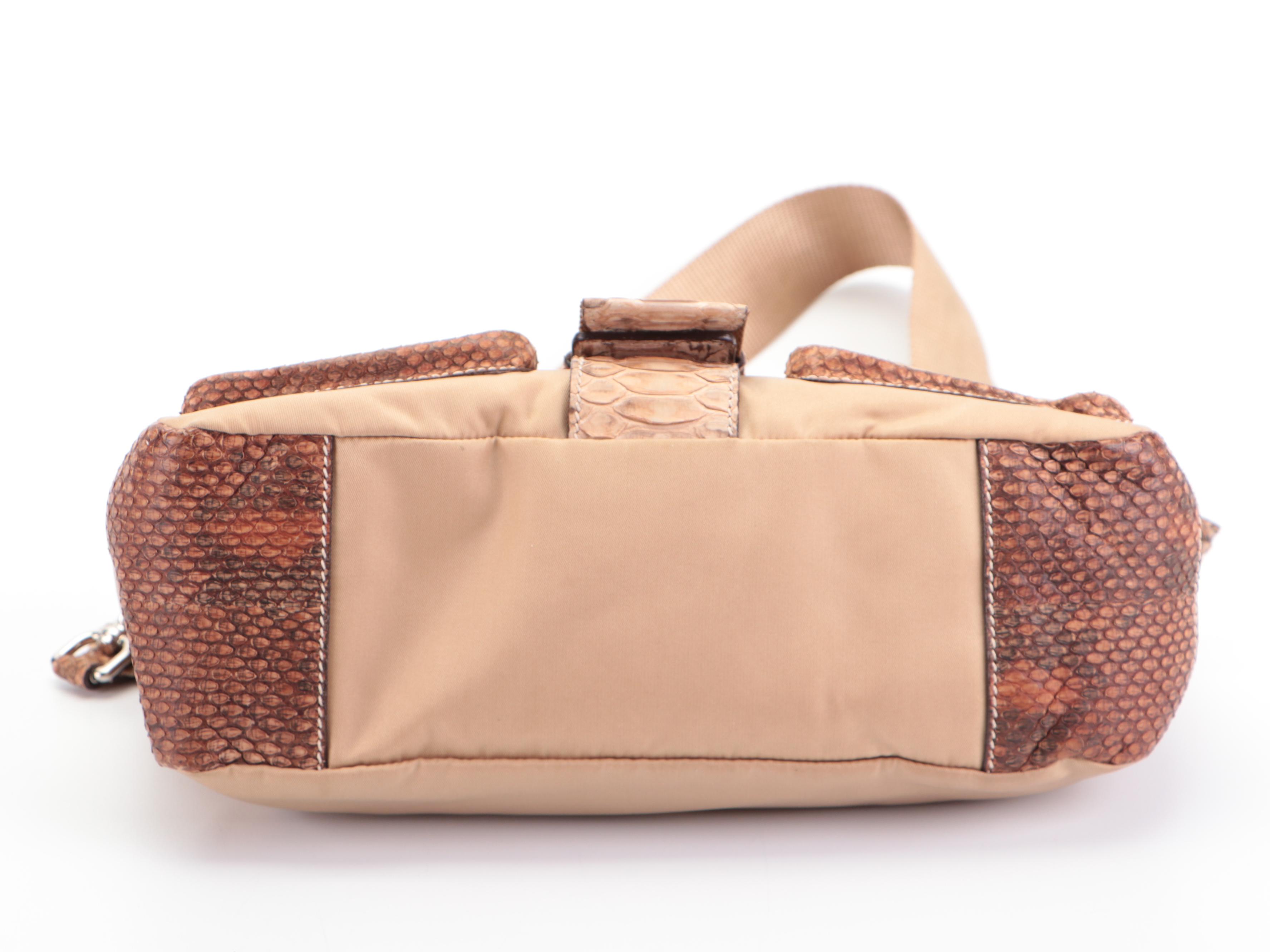 Prada Double Front Pocket Small Shoulder Bag in Tan Nylon Tessuto and Python