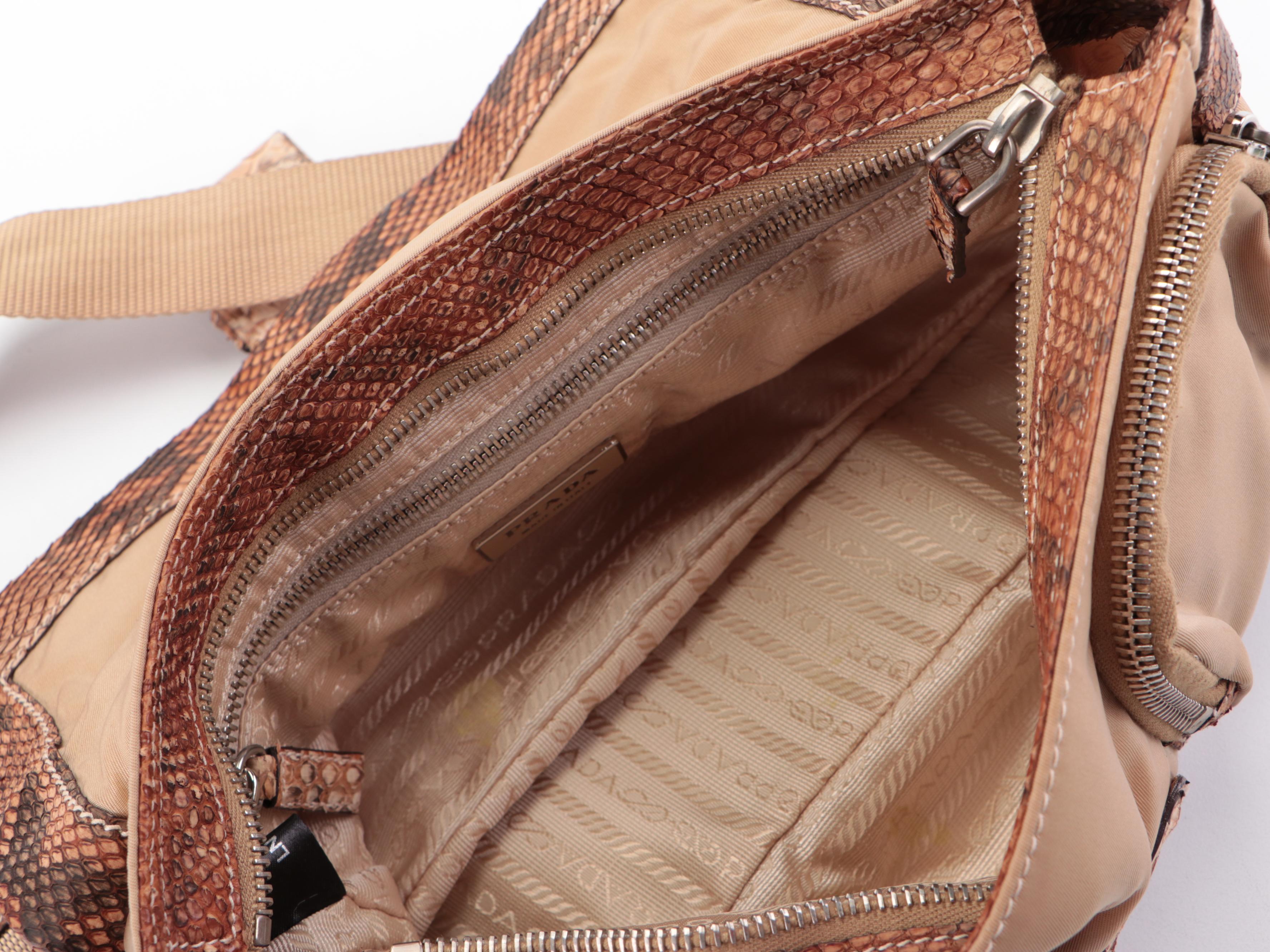 Prada Double Front Pocket Small Shoulder Bag in Tan Nylon Tessuto and Python