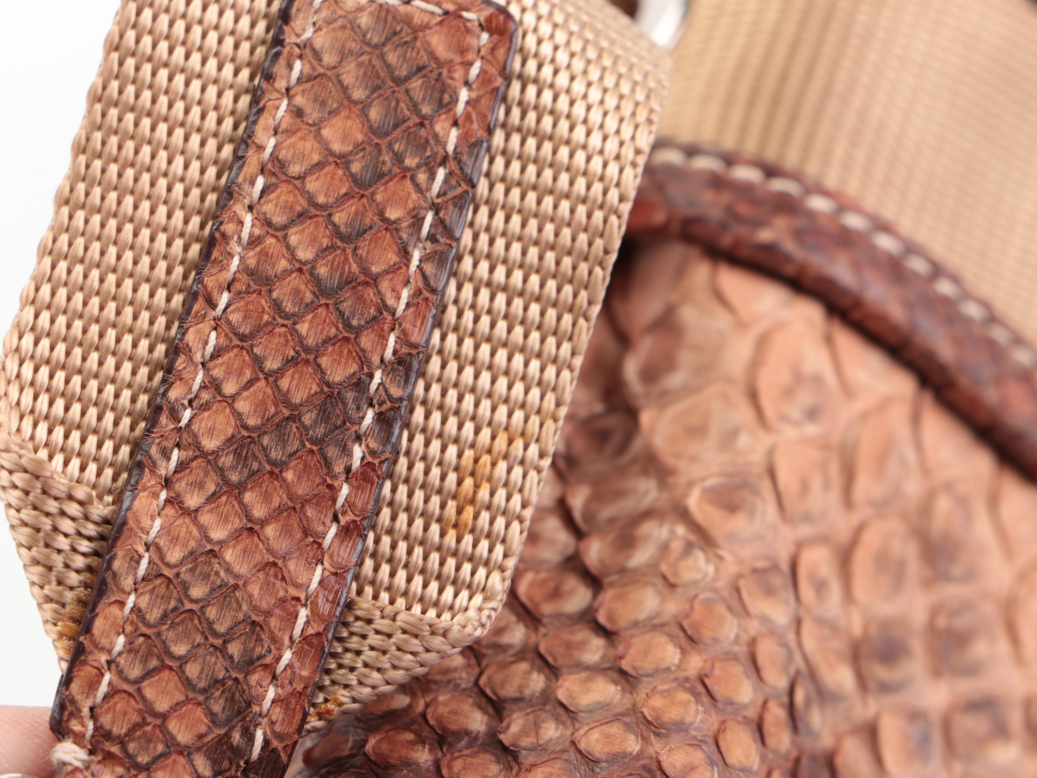 Prada Double Front Pocket Small Shoulder Bag in Tan Nylon Tessuto and Python