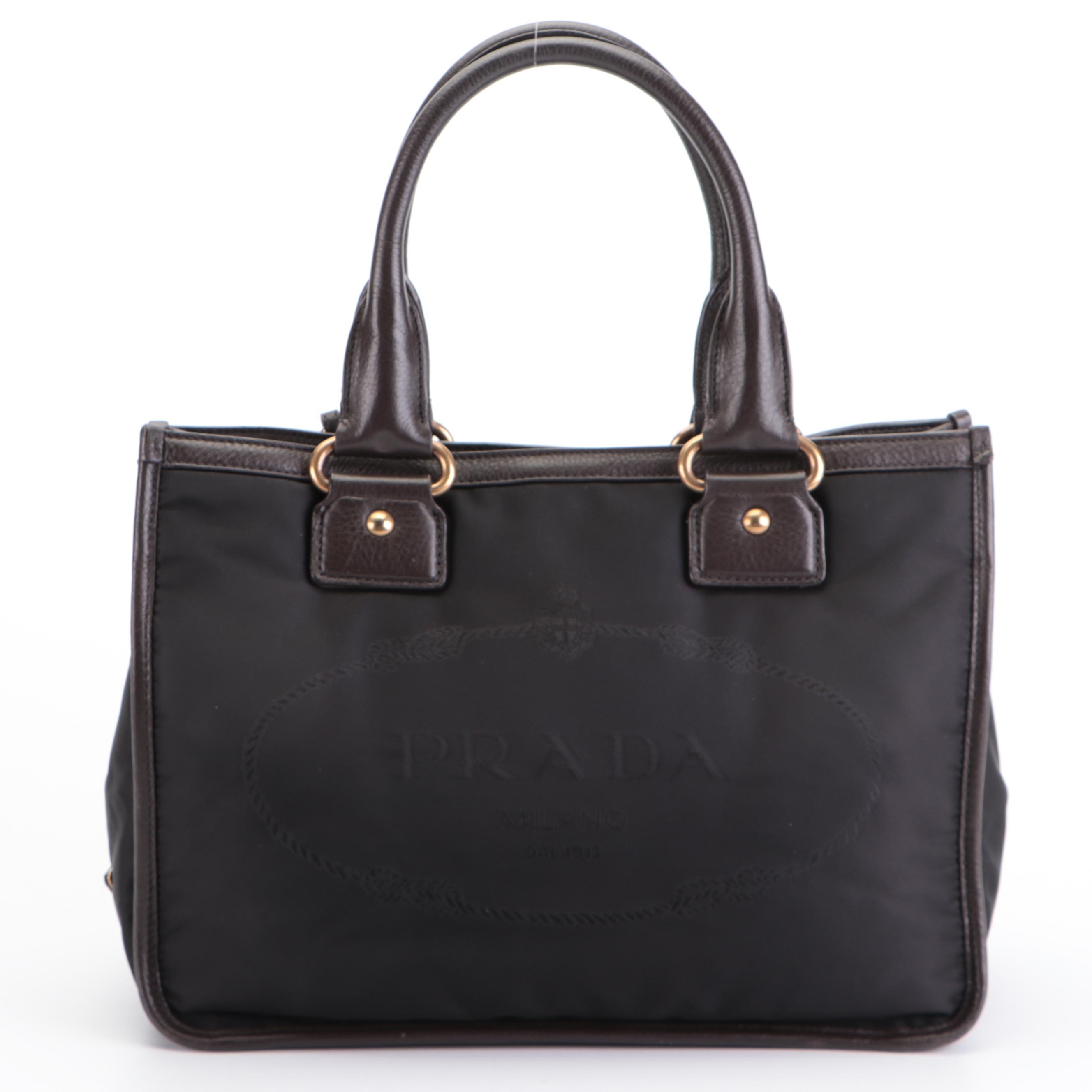 Prada Convertible Logo Satchel in Black Tessuto Nylon and Brown Leather