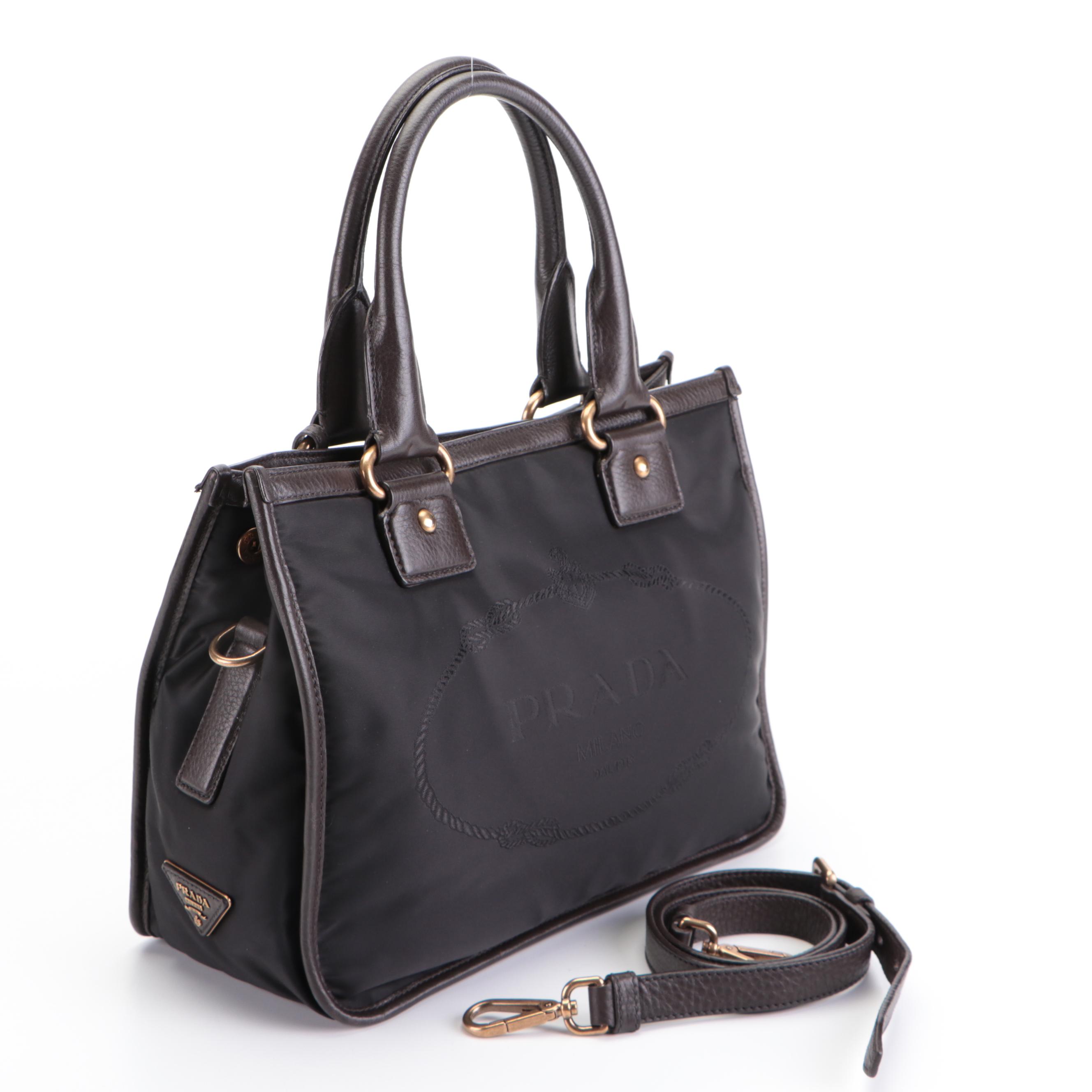 Prada Convertible Logo Satchel in Black Tessuto Nylon and Brown Leather