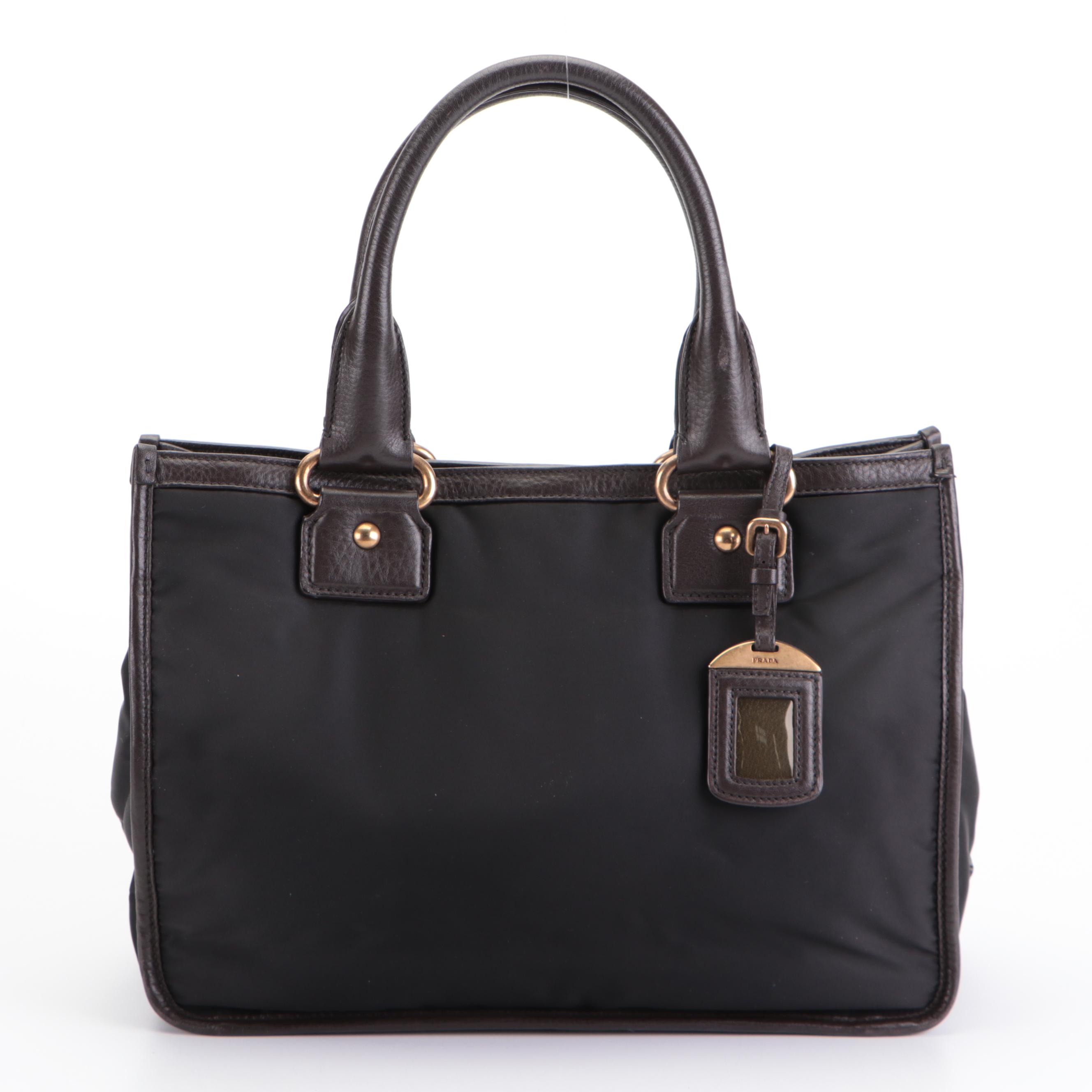 Prada Convertible Logo Satchel in Black Tessuto Nylon and Brown Leather