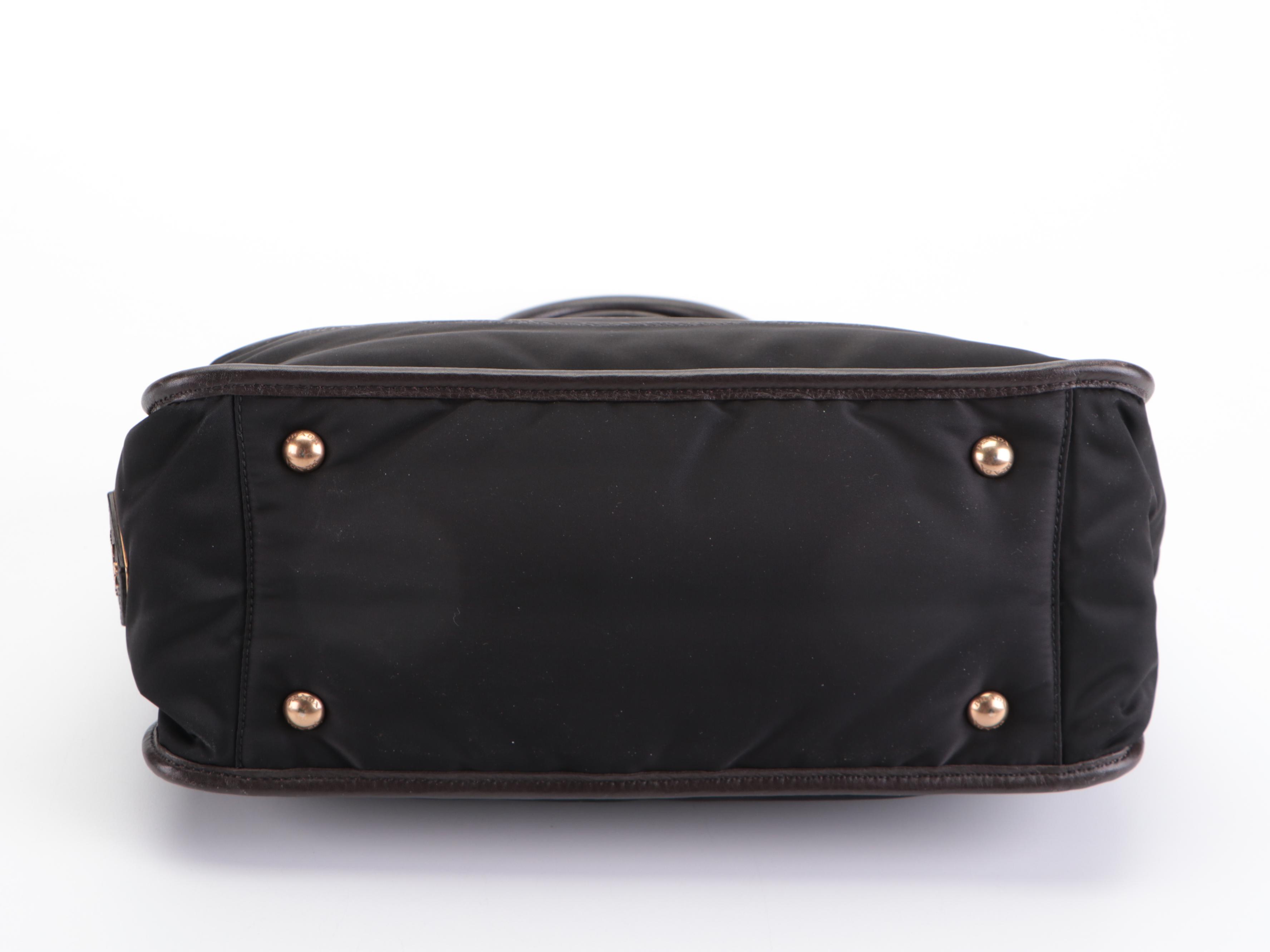 Prada Convertible Logo Satchel in Black Tessuto Nylon and Brown Leather