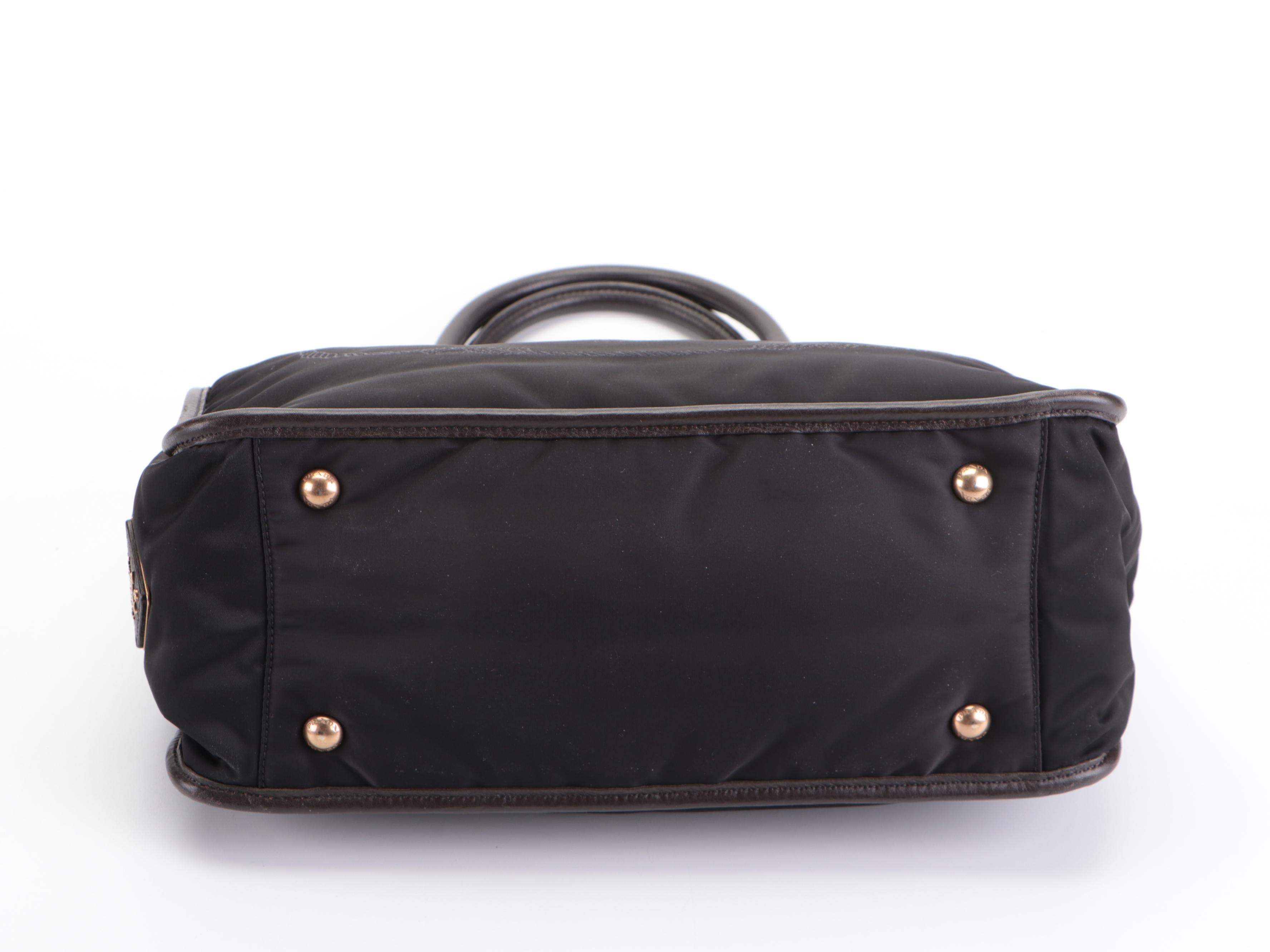 Prada Convertible Logo Satchel in Black Tessuto Nylon and Brown Leather