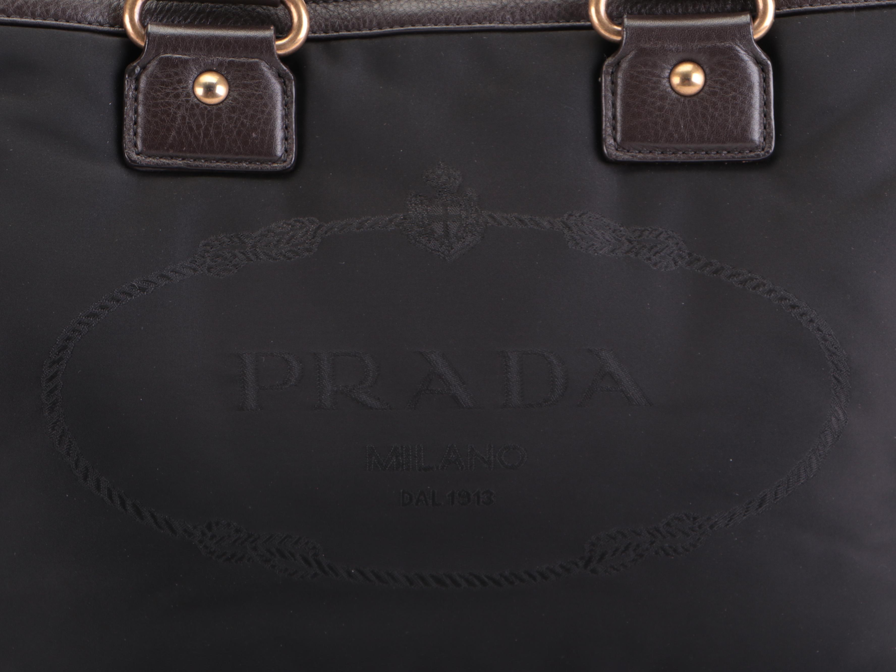 Prada Convertible Logo Satchel in Black Tessuto Nylon and Brown Leather