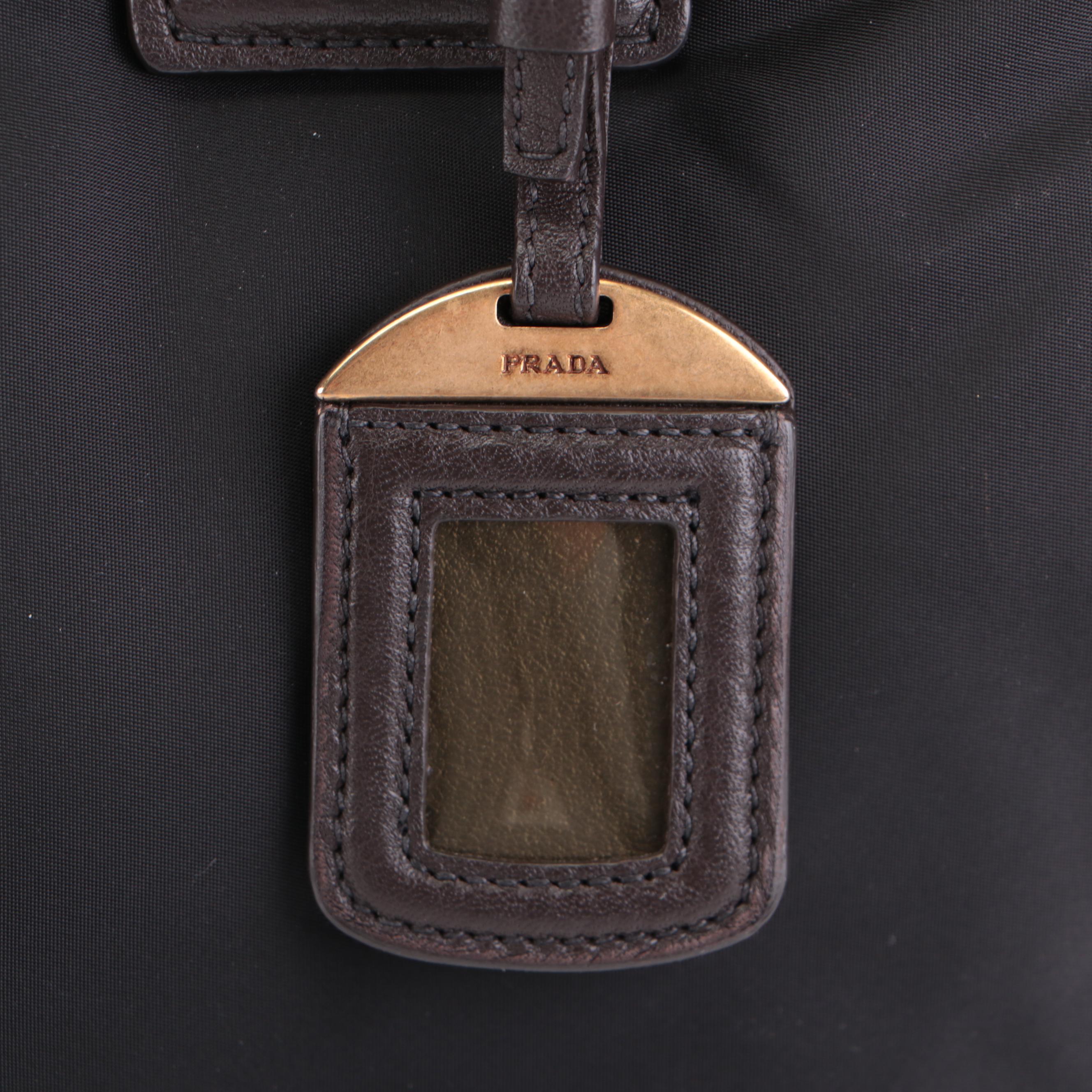 Prada Convertible Logo Satchel in Black Tessuto Nylon and Brown Leather