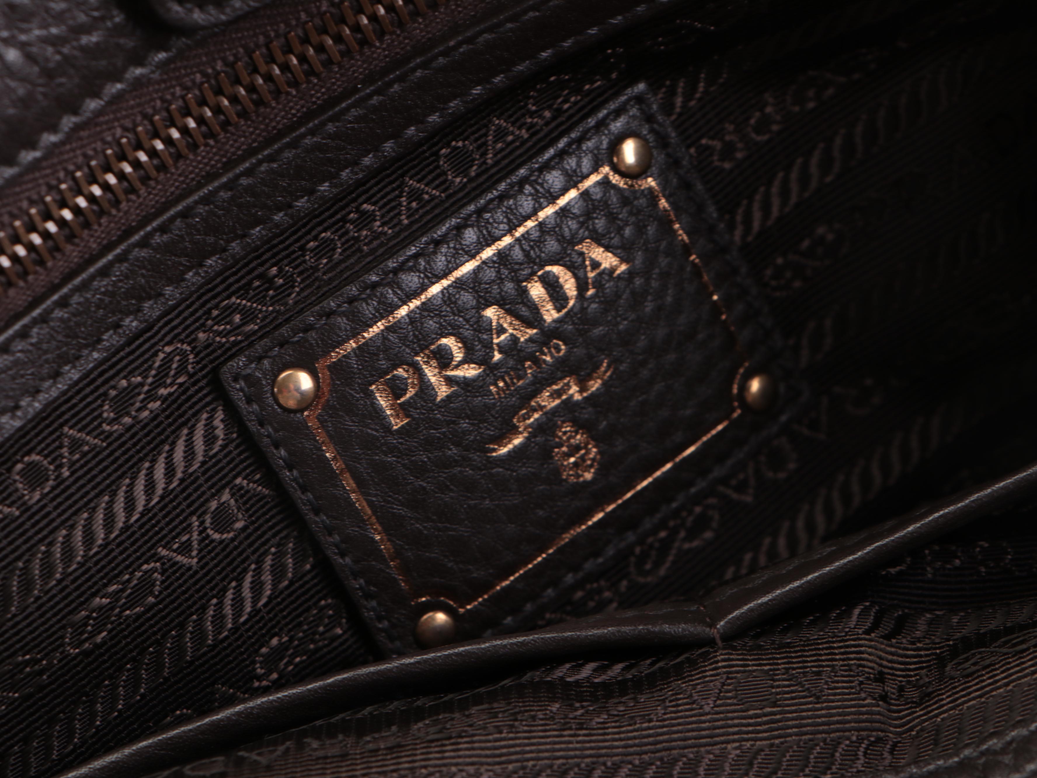Prada Convertible Logo Satchel in Black Tessuto Nylon and Brown Leather