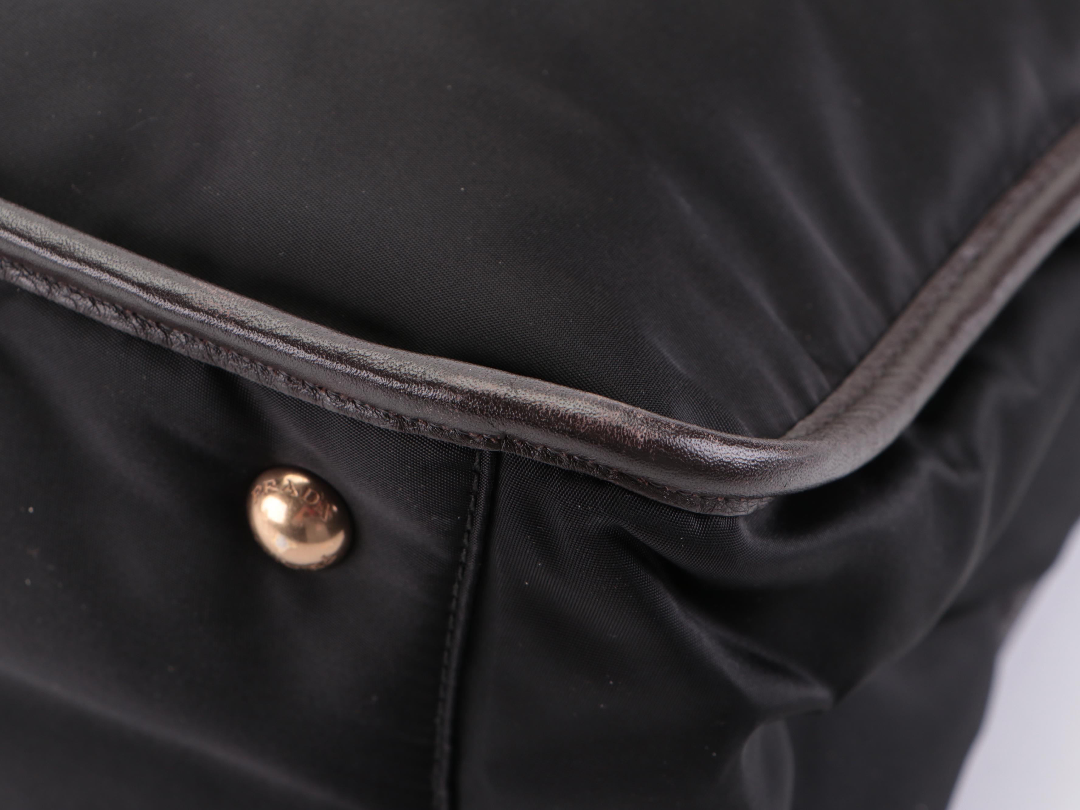 Prada Convertible Logo Satchel in Black Tessuto Nylon and Brown Leather