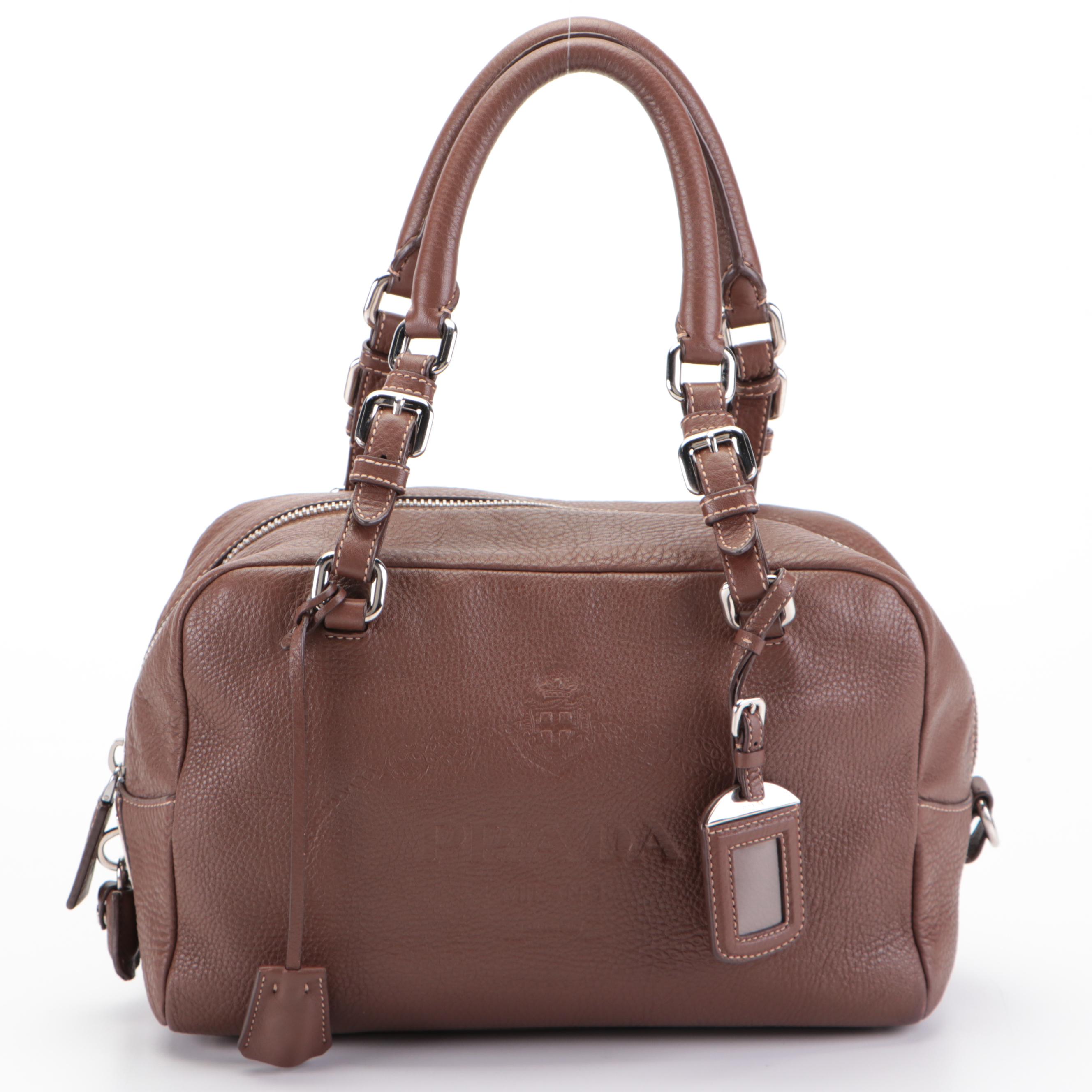 Prada Embossed Bauletto Bag Medium in Dark Brown Vitello Daino Leather