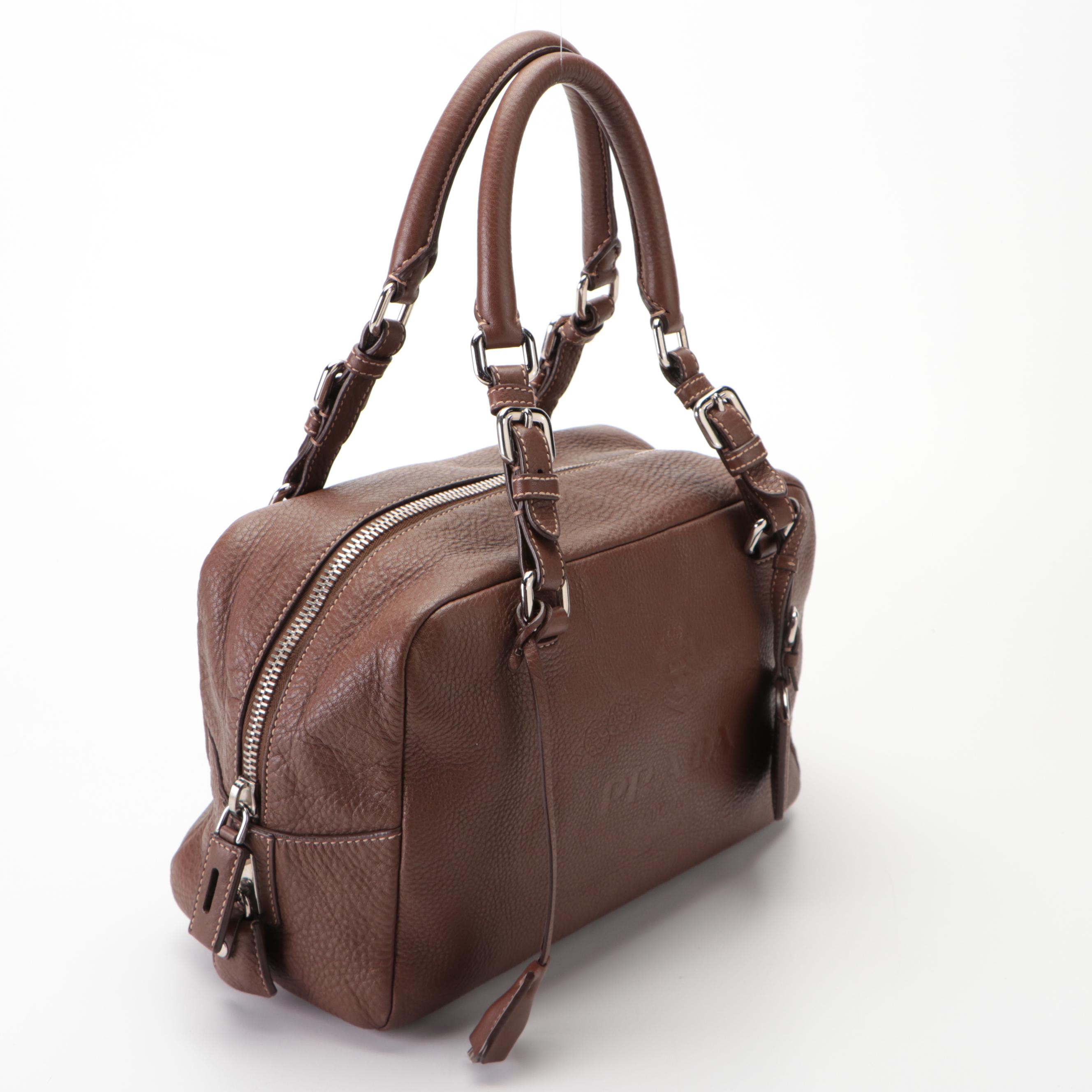 Prada Embossed Bauletto Bag Medium in Dark Brown Vitello Daino Leather