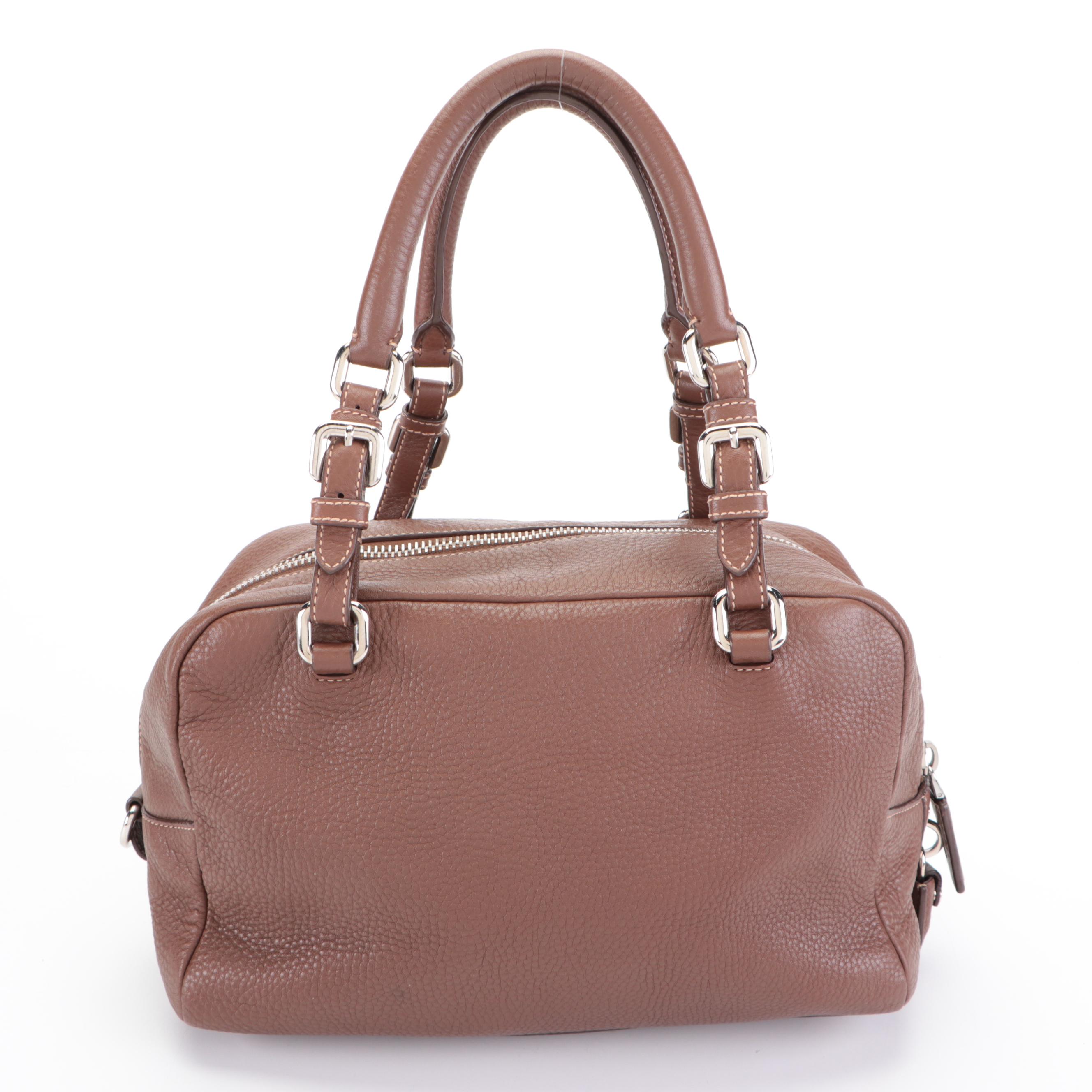 Prada Embossed Bauletto Bag Medium in Dark Brown Vitello Daino Leather