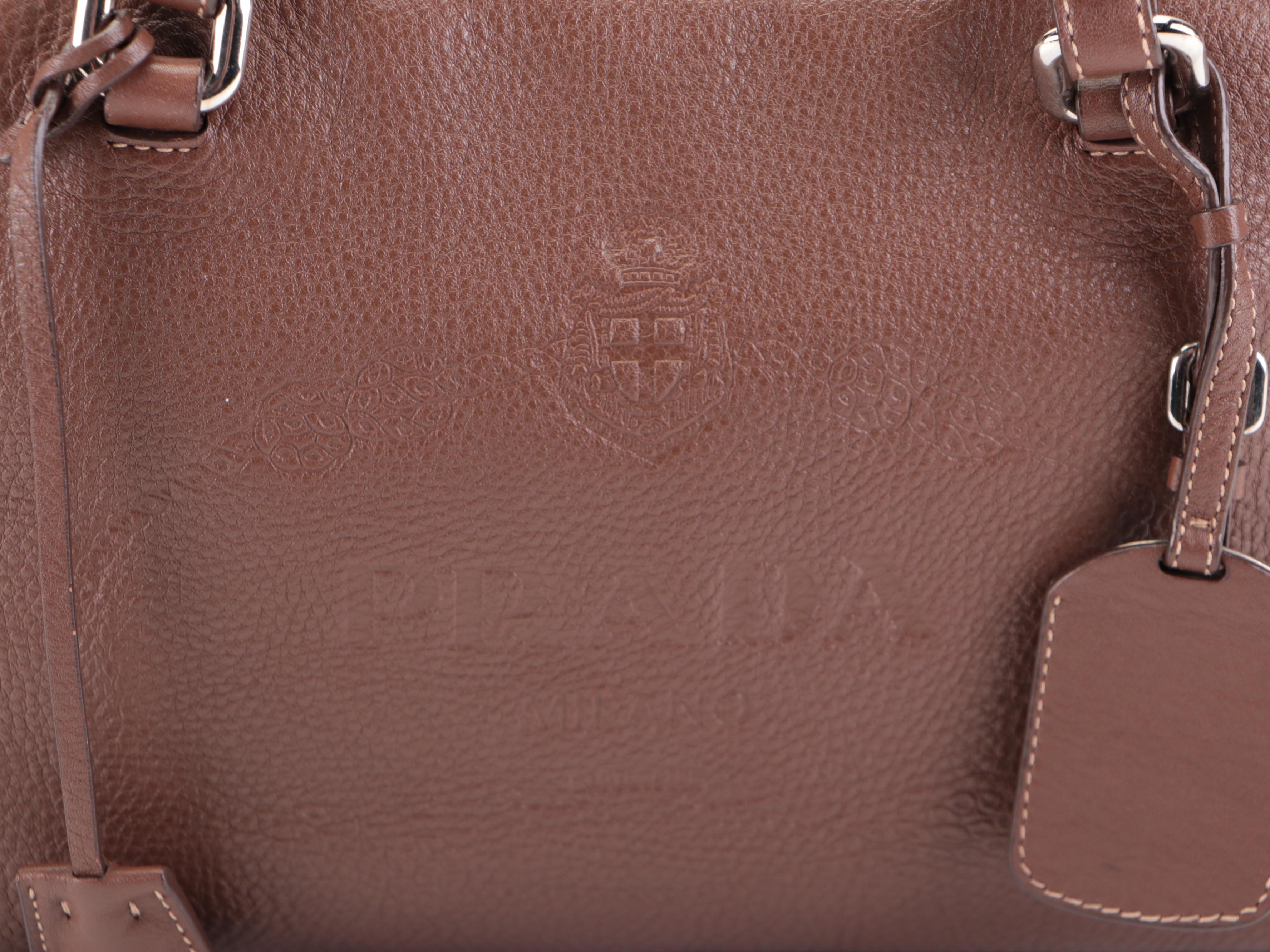 Prada Embossed Bauletto Bag Medium in Dark Brown Vitello Daino Leather