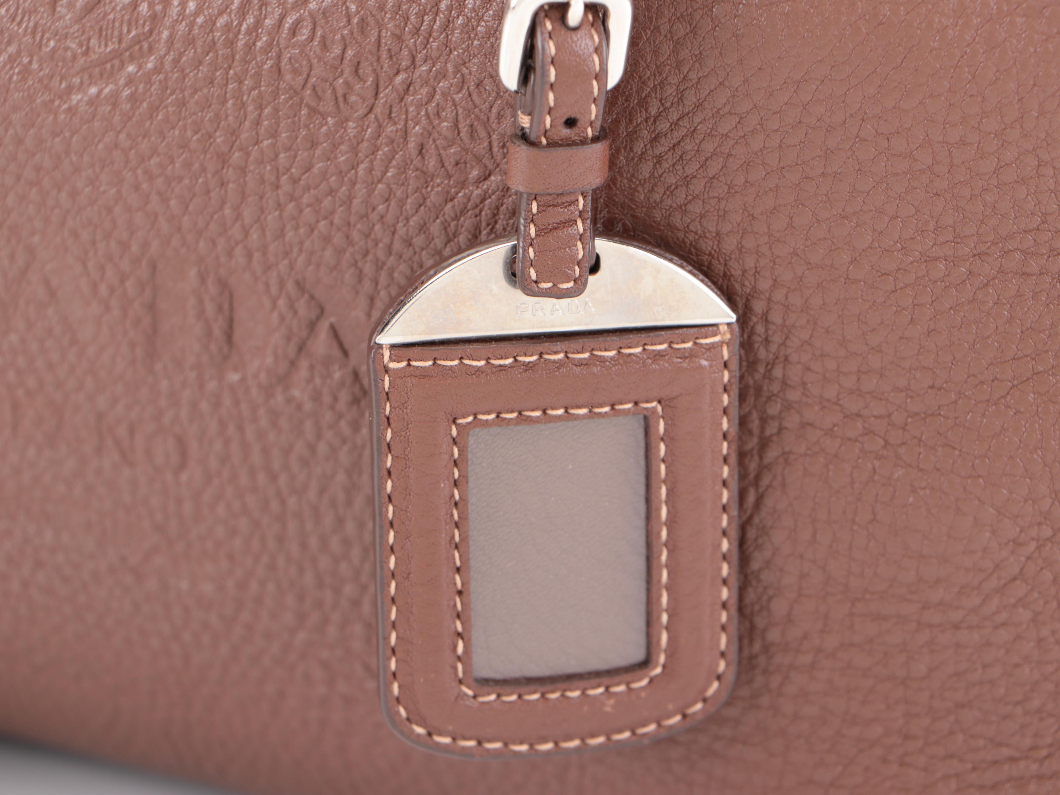 Prada Embossed Bauletto Bag Medium in Dark Brown Vitello Daino Leather