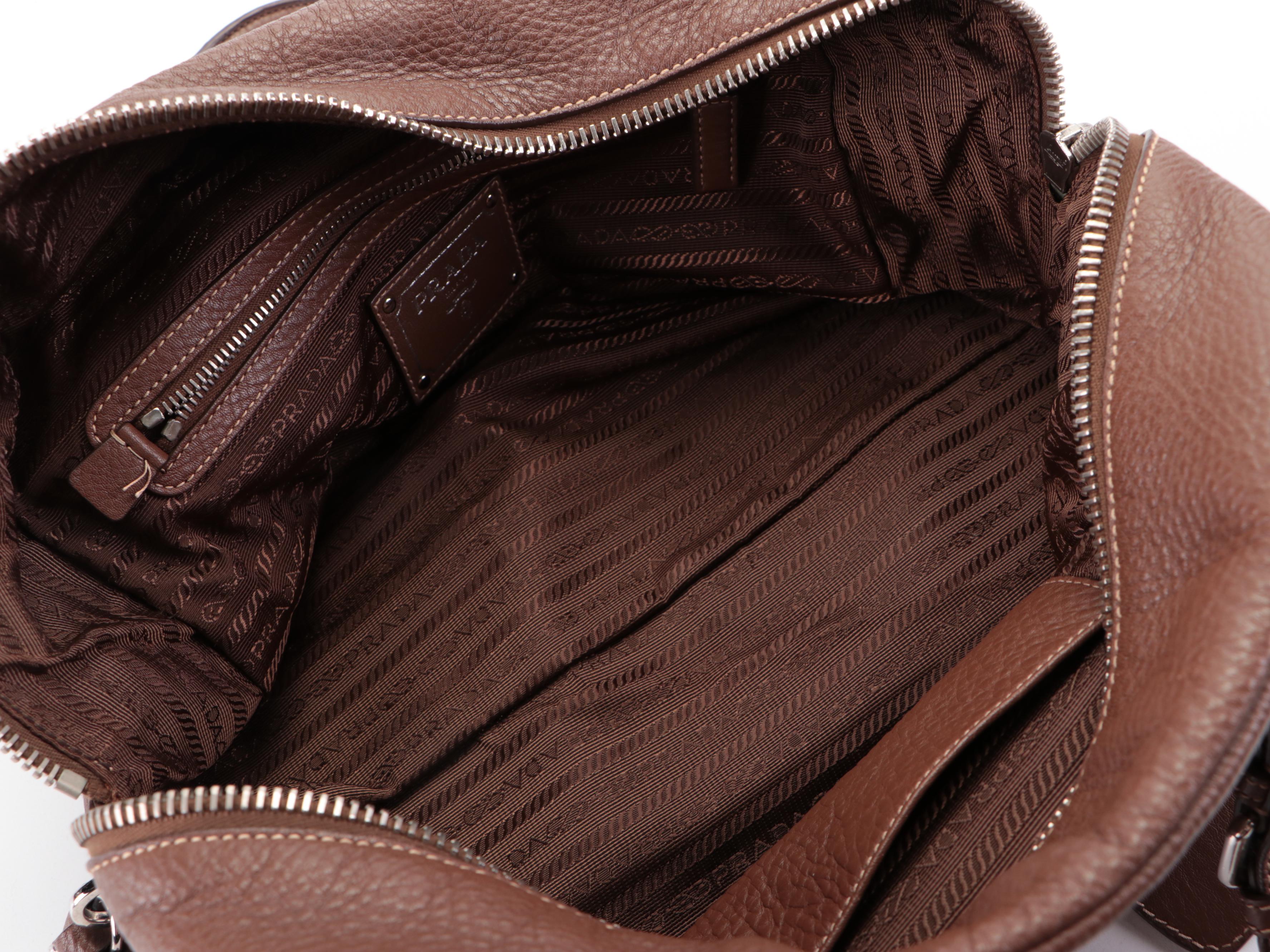 Prada Embossed Bauletto Bag Medium in Dark Brown Vitello Daino Leather