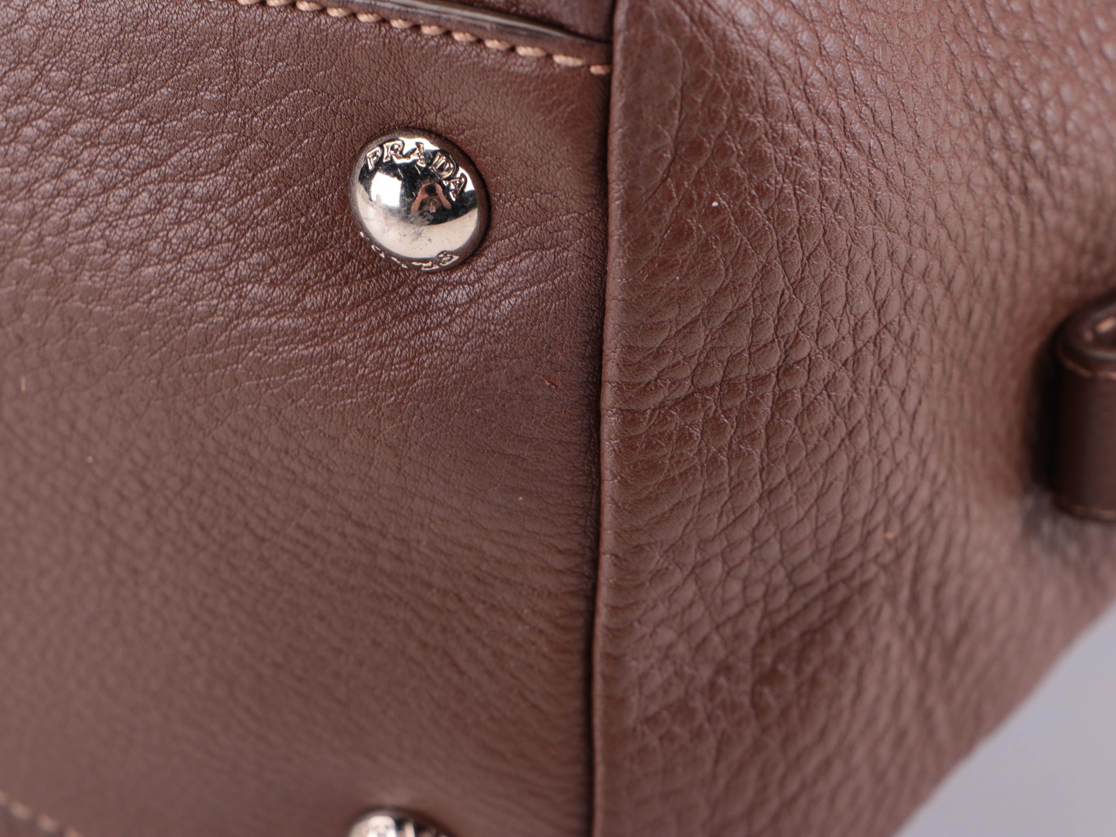 Prada Embossed Bauletto Bag Medium in Dark Brown Vitello Daino Leather