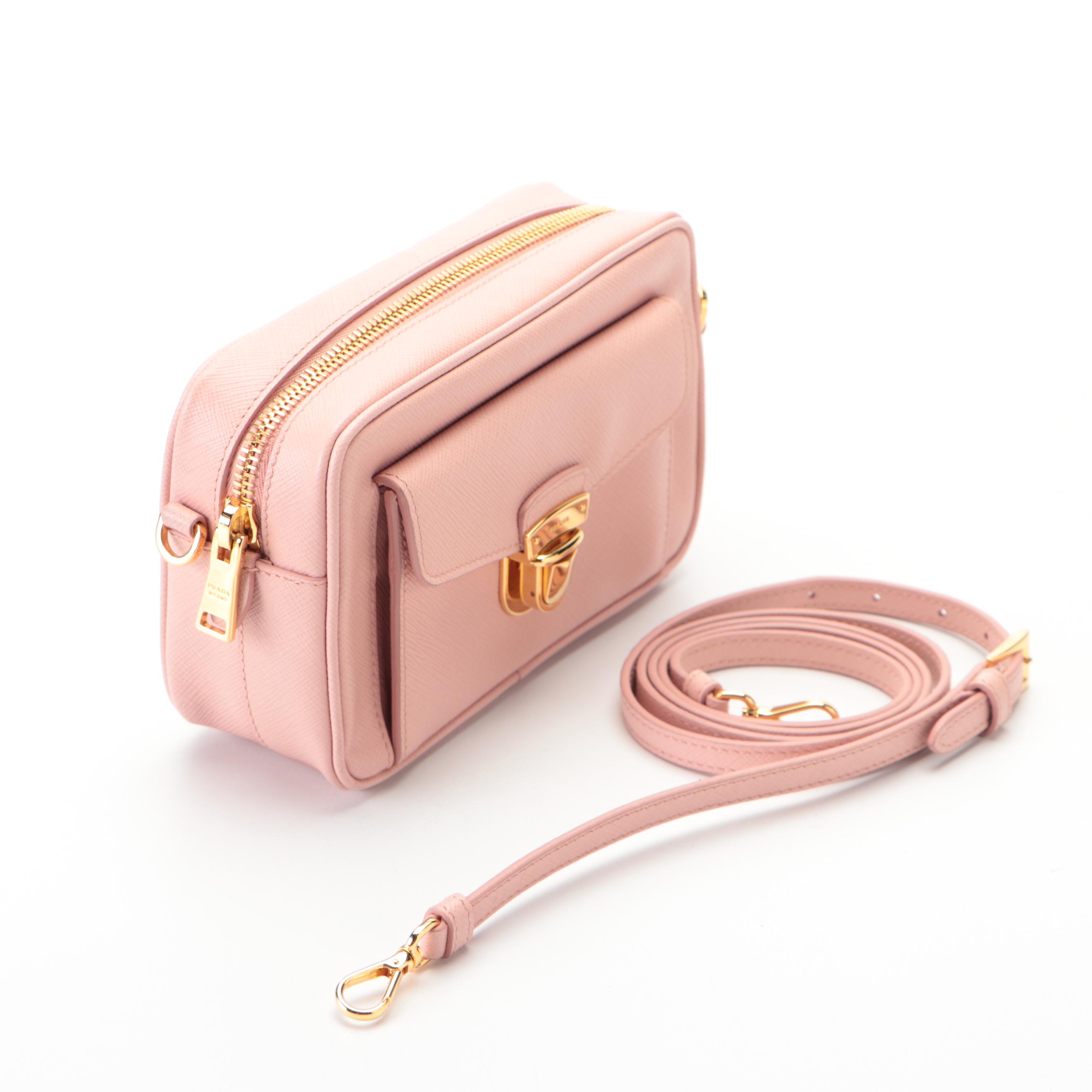 Prada Push-Lock Front Pocket Small Camera Bag in Blush Saffiano Leather