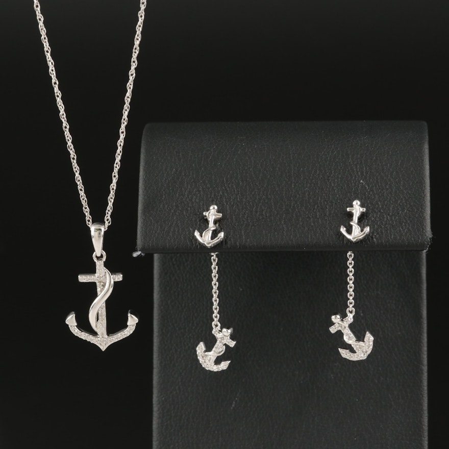 Sterling Diamond Anchor Earrings and Pendant Necklace