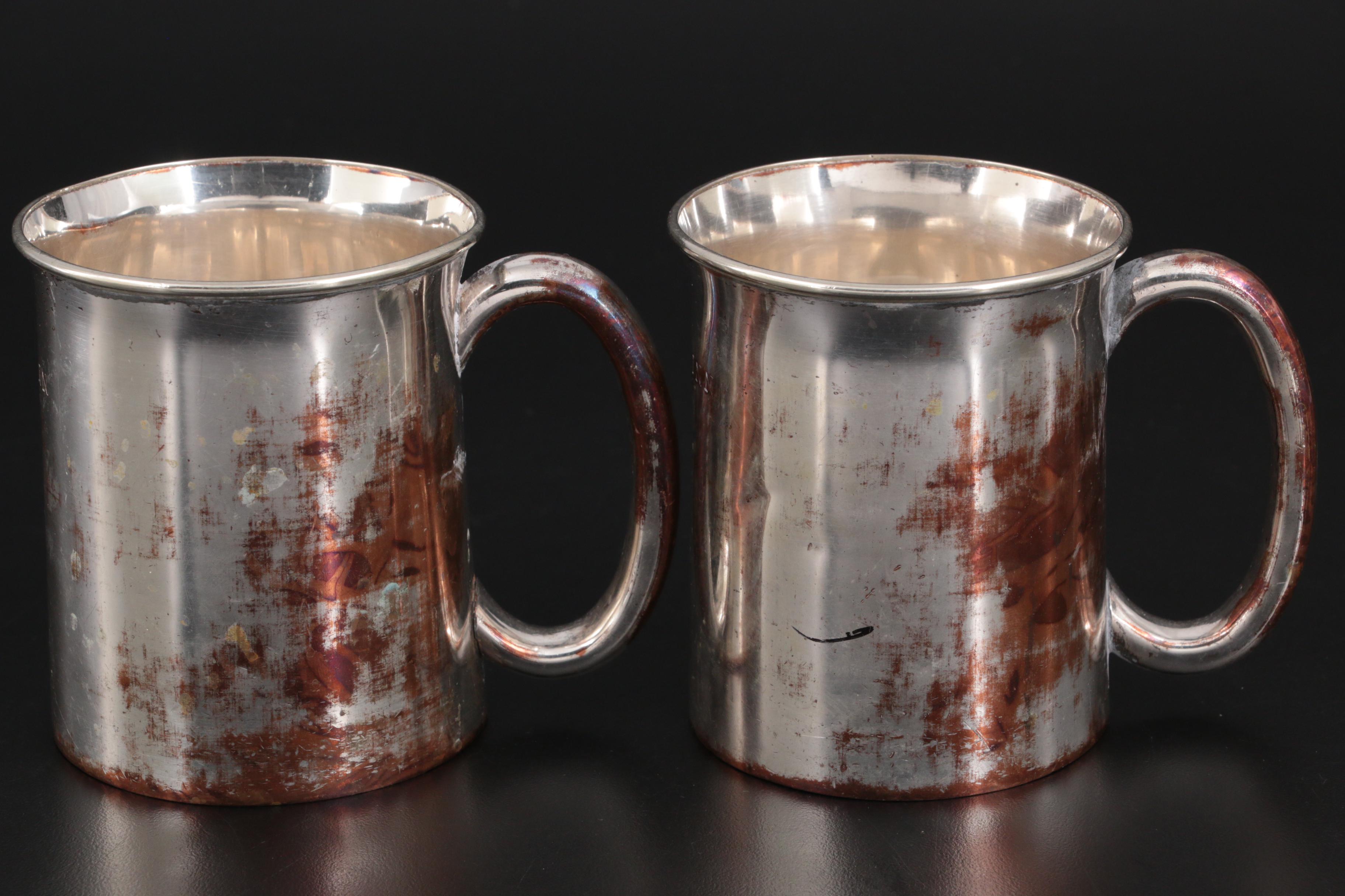 Oldham and Lindley & Son Silver Plate Nottingham Half Pint Mugs