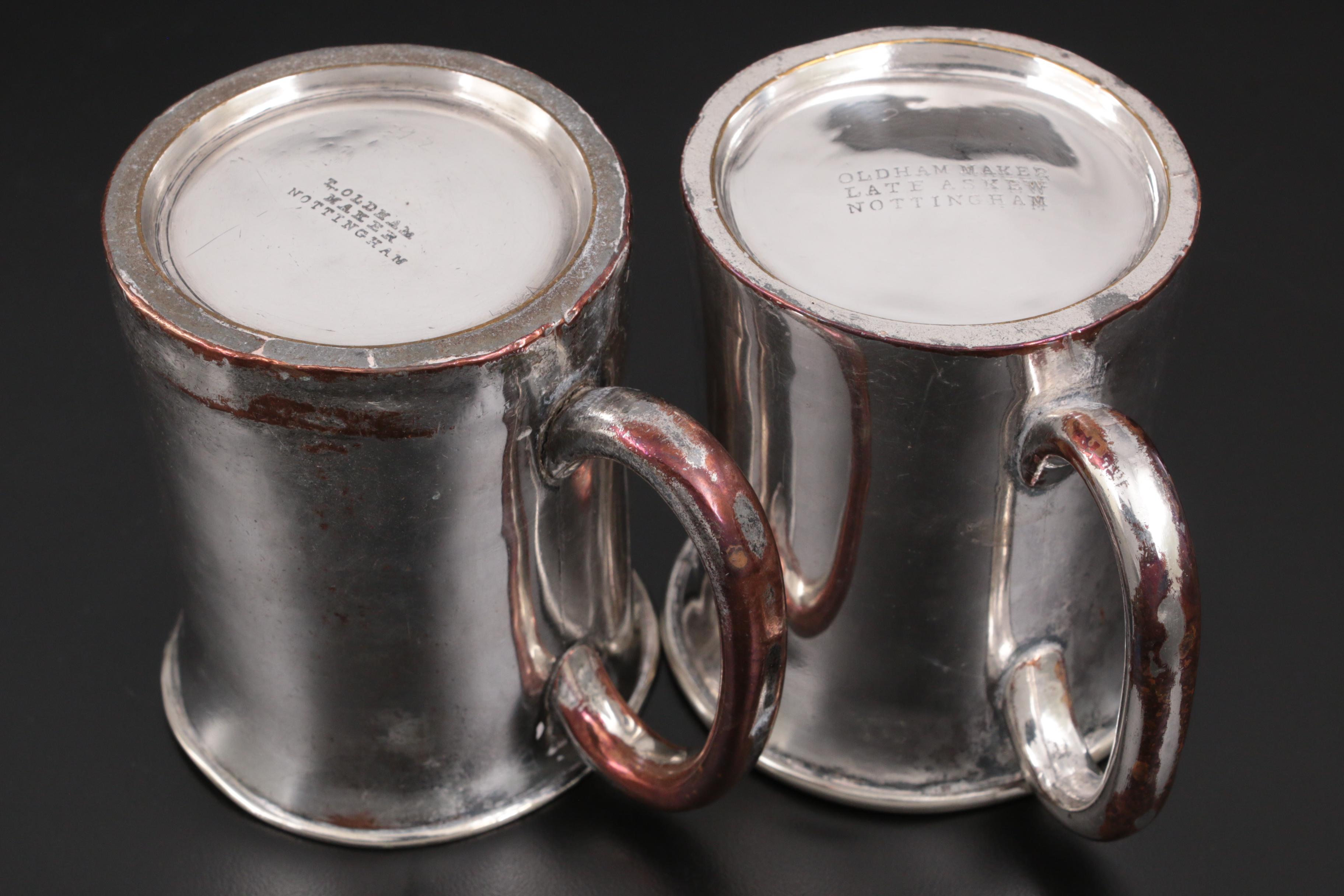 Oldham and Lindley & Son Silver Plate Nottingham Half Pint Mugs