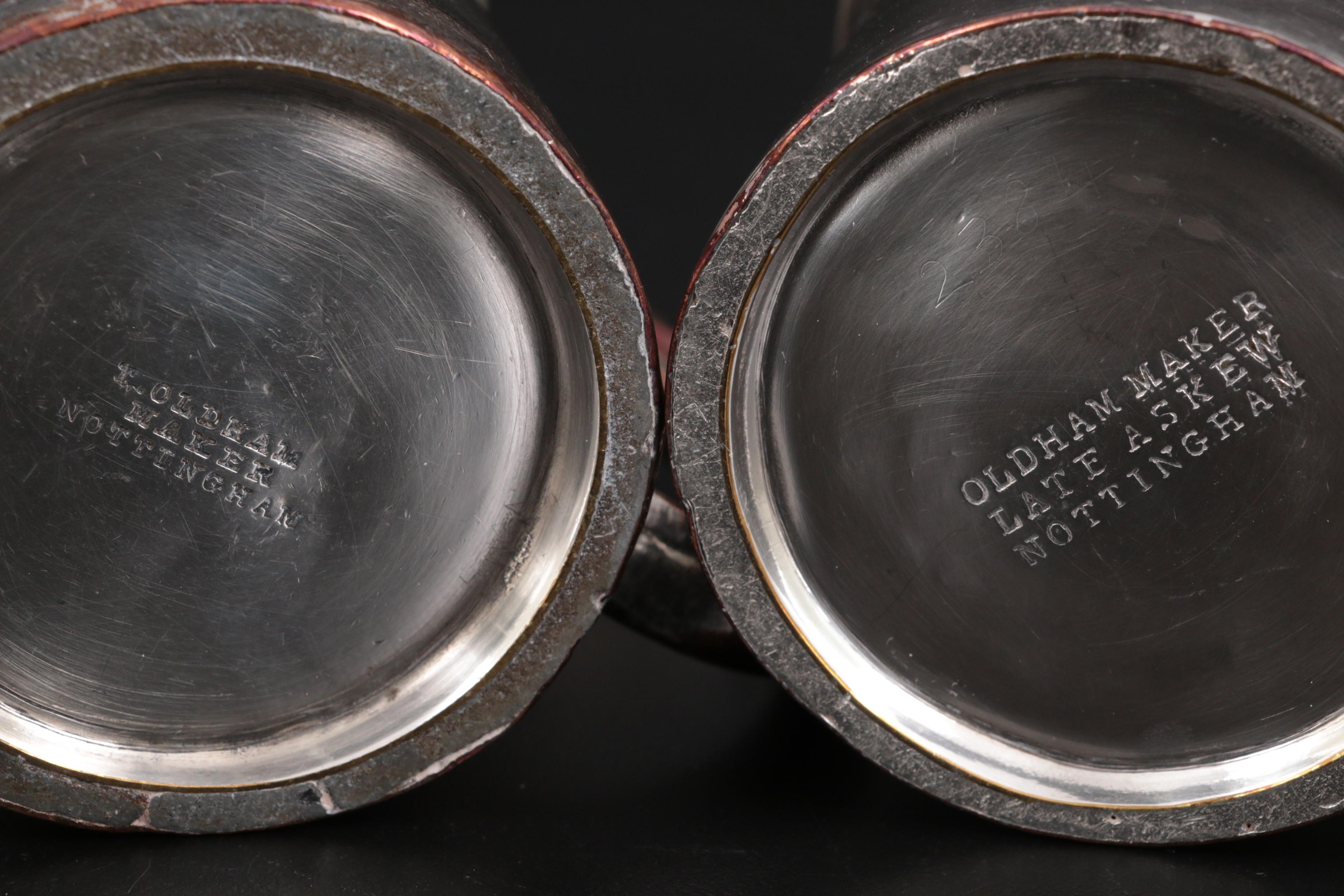 Oldham and Lindley & Son Silver Plate Nottingham Half Pint Mugs