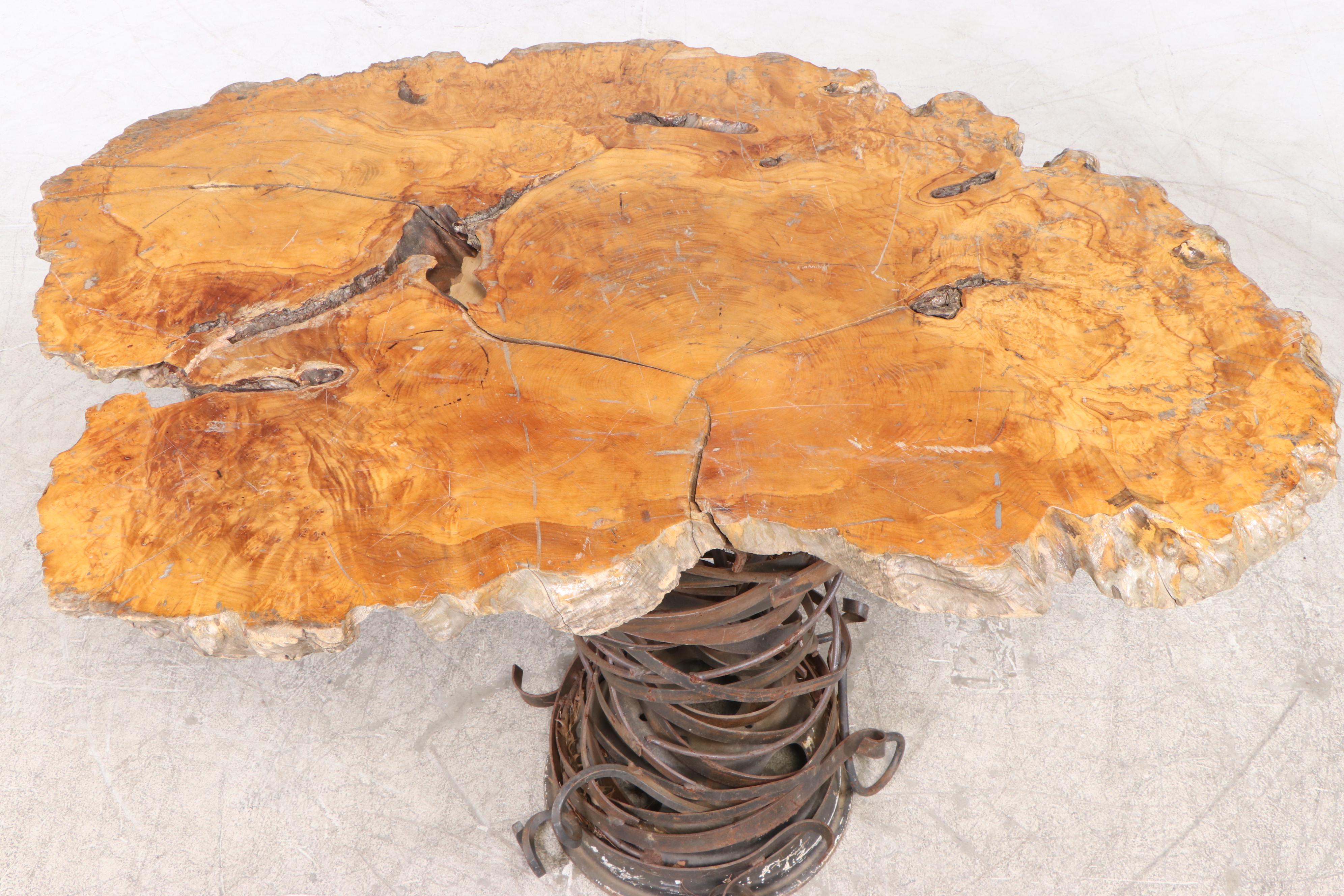 Matthew Johnson Live Edge Burl Maple and Sculptural Steel Bar-Height Table