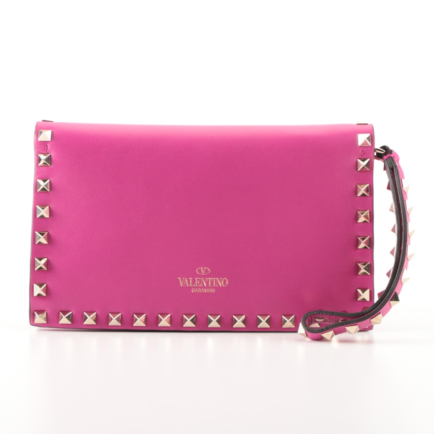 Valentino Rockstud Flap Clutch Wristlet Purse in Smooth Calfskin Leather