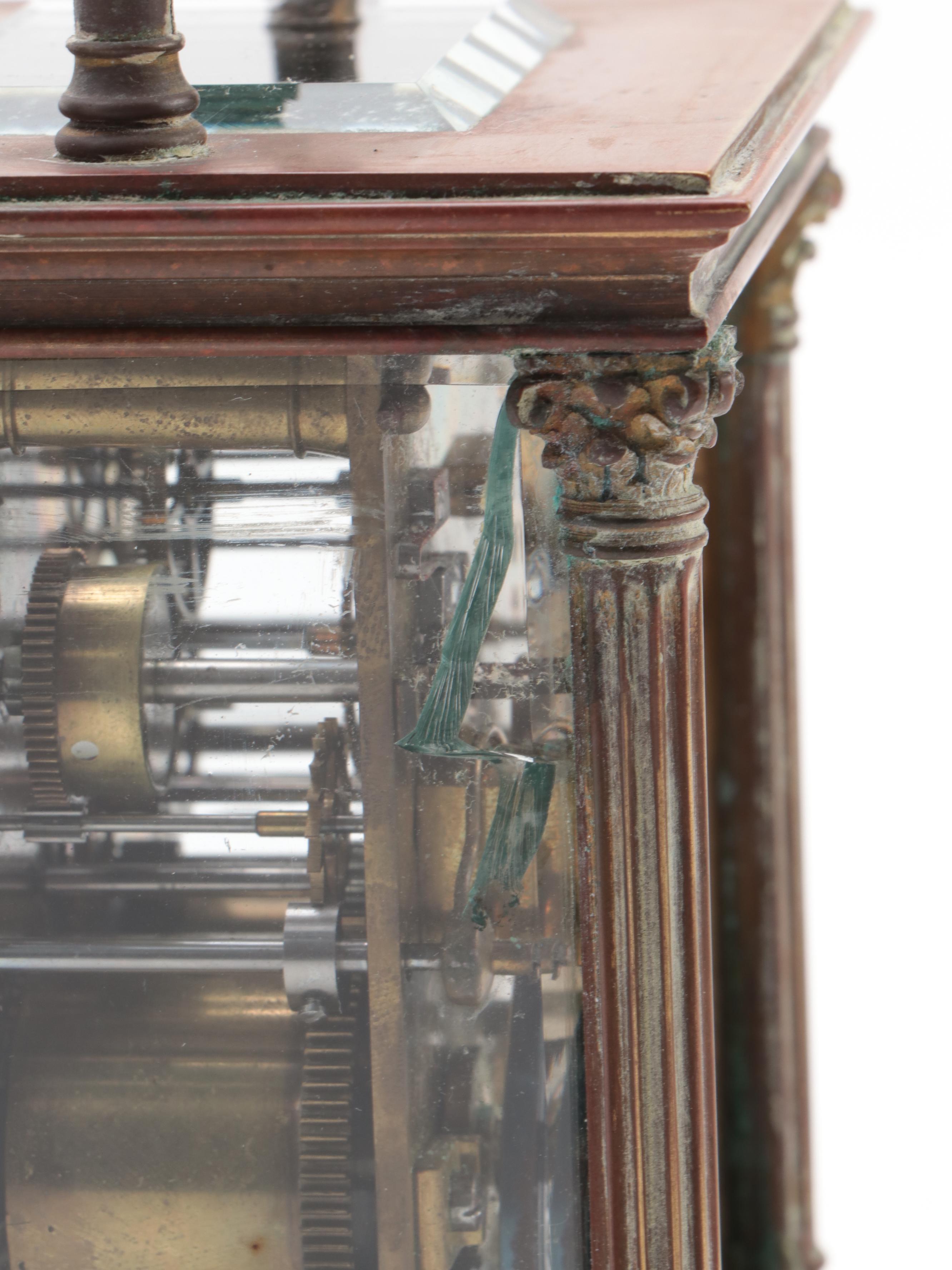 Aiguilles Brass and Beveled Glass Neoclassical Style Carriage Clock with Alarm