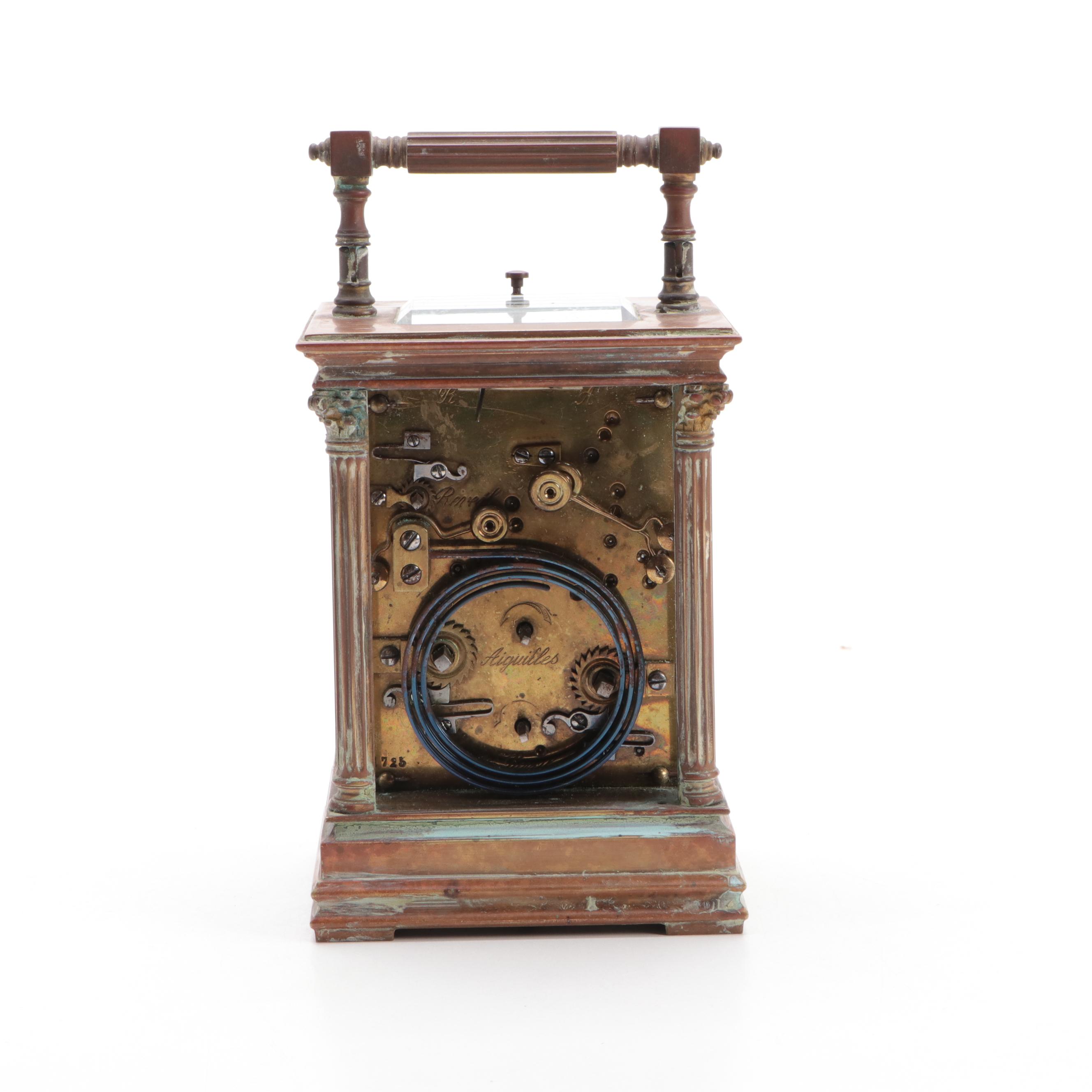 Aiguilles Brass and Beveled Glass Neoclassical Style Carriage Clock with Alarm