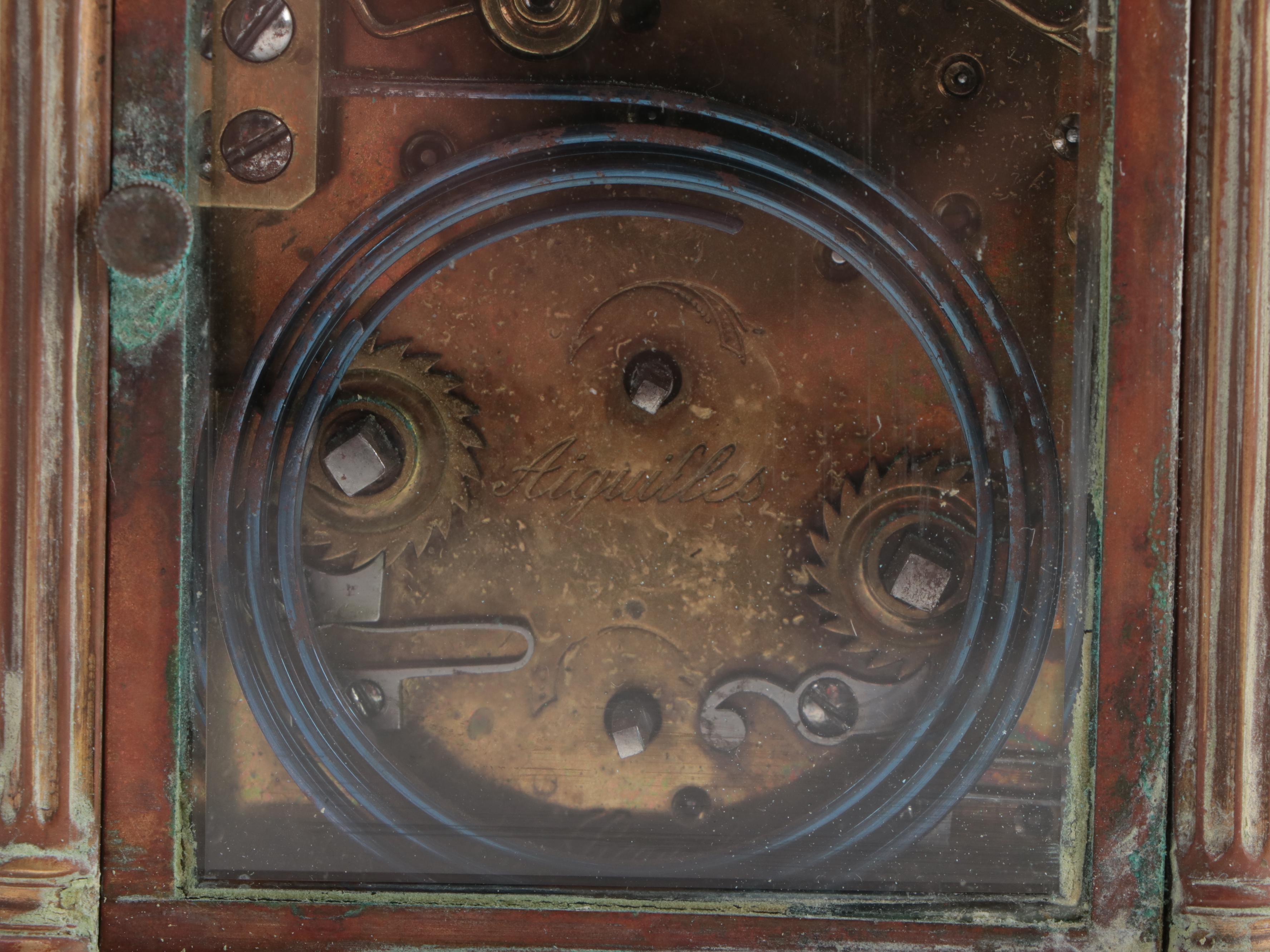 Aiguilles Brass and Beveled Glass Neoclassical Style Carriage Clock with Alarm