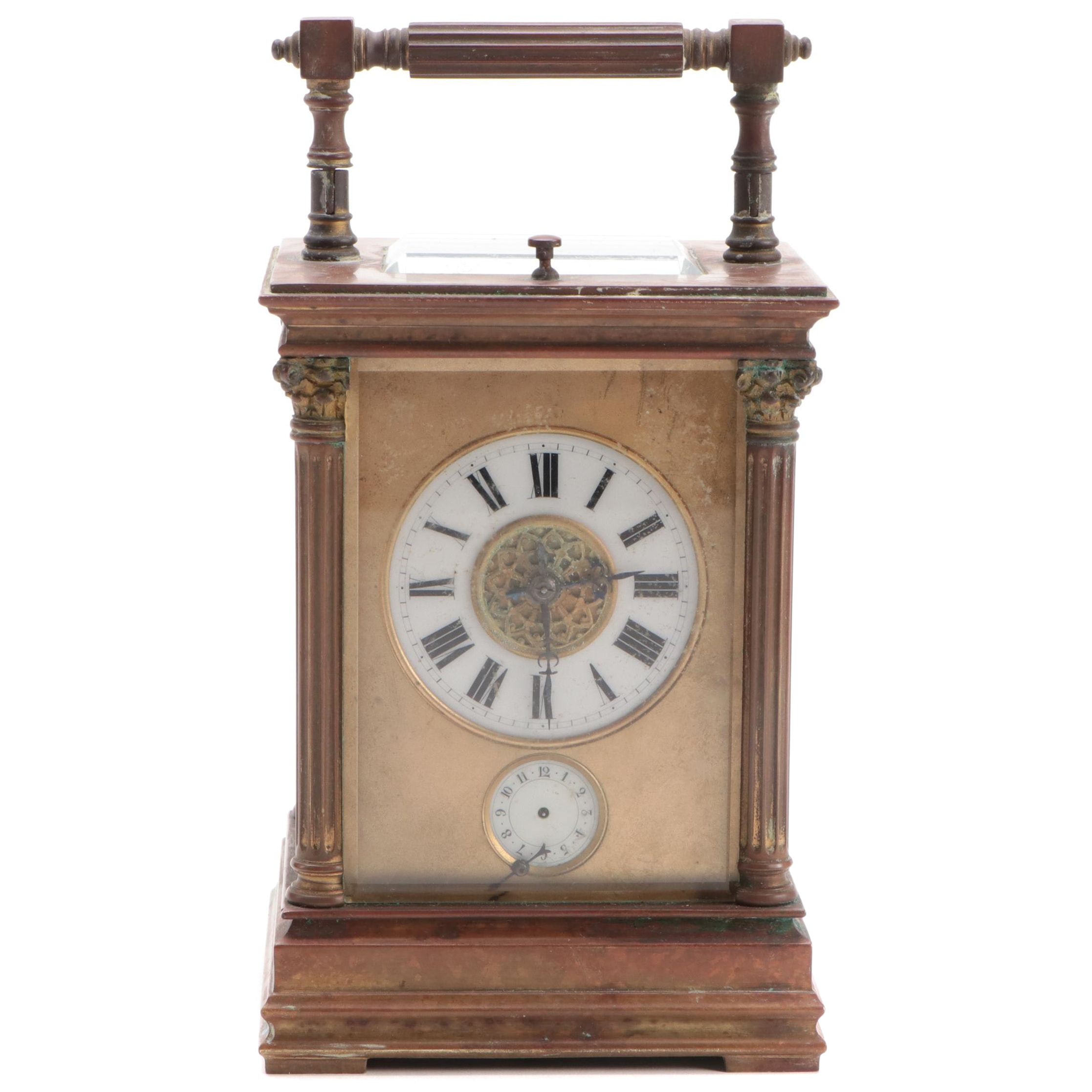 Aiguilles Brass and Beveled Glass Neoclassical Style Carriage Clock with Alarm