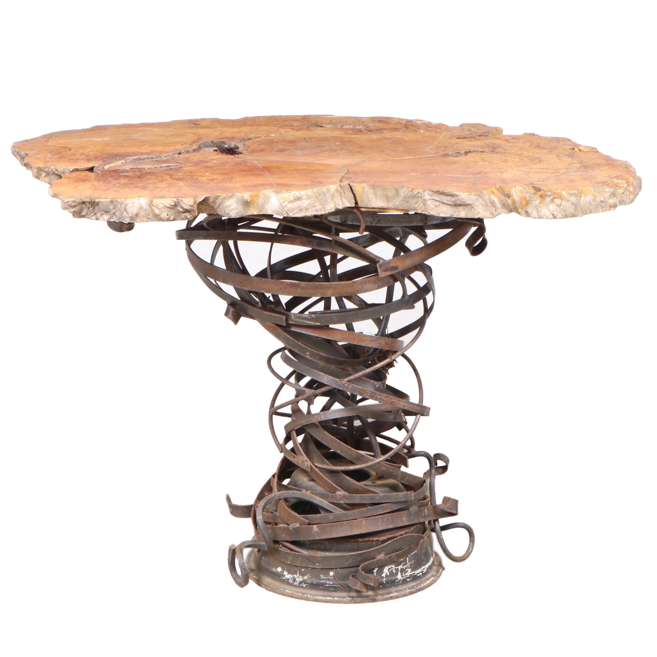 Matthew Johnson Live Edge Burl Maple and Sculptural Steel Bar-Height Table