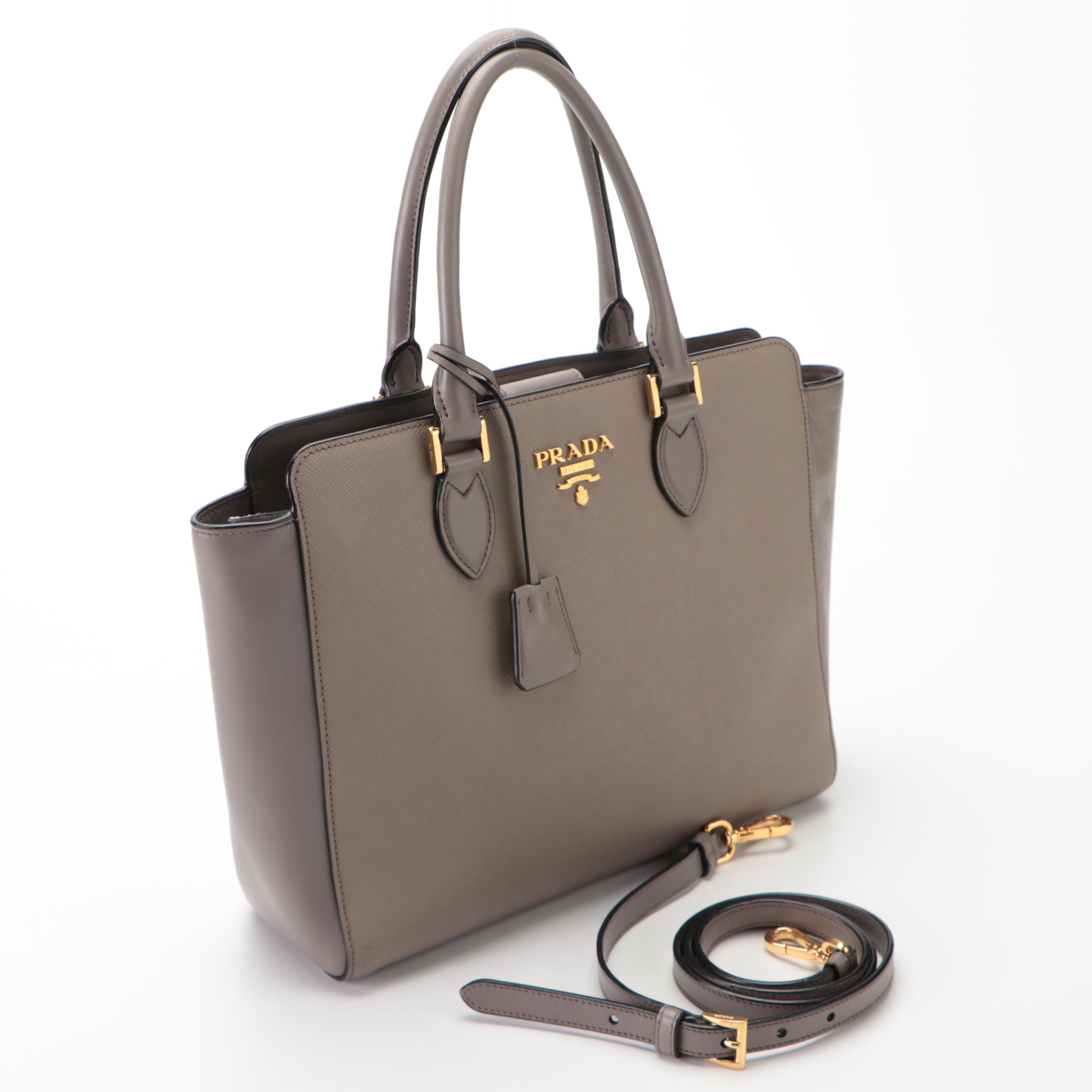 Prada Convertible Open Tote Small in Grey/Taupe Saffiano and Vitello Leather