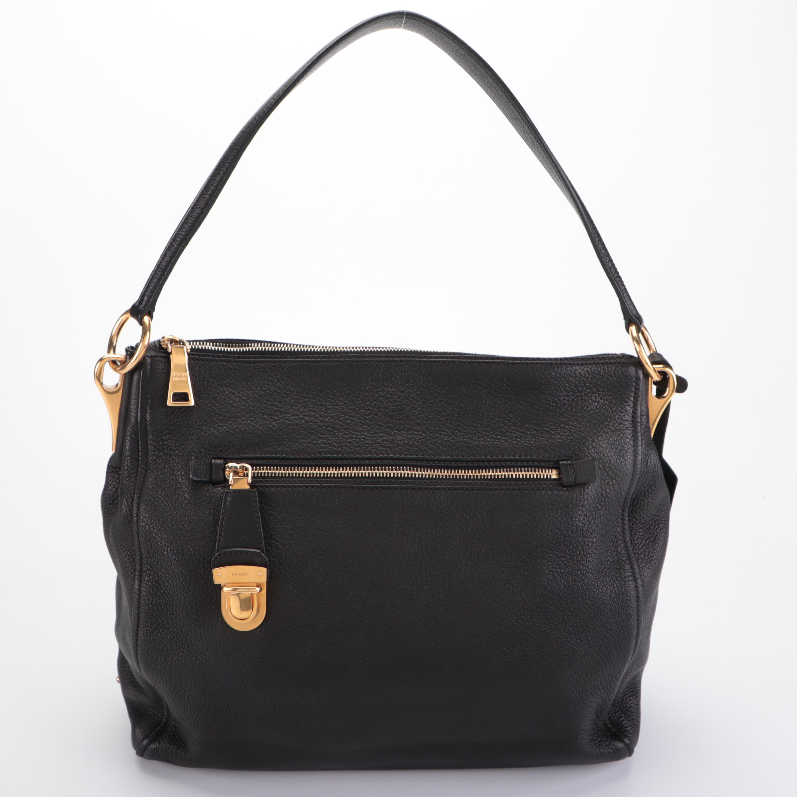Prada Push-Lock Zip Shoulder Bag in Black Deerskin