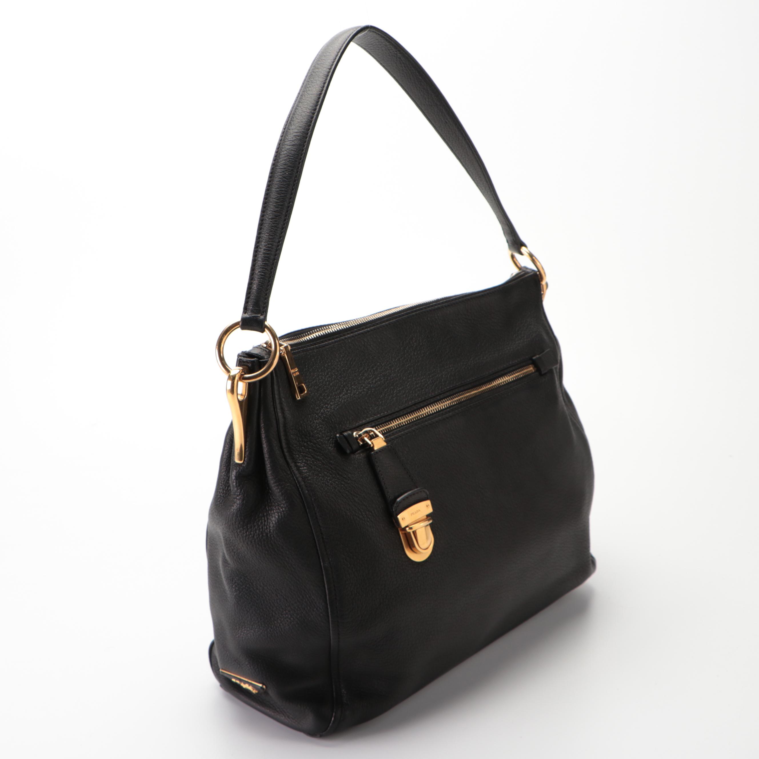 Prada Push-Lock Zip Shoulder Bag in Black Deerskin