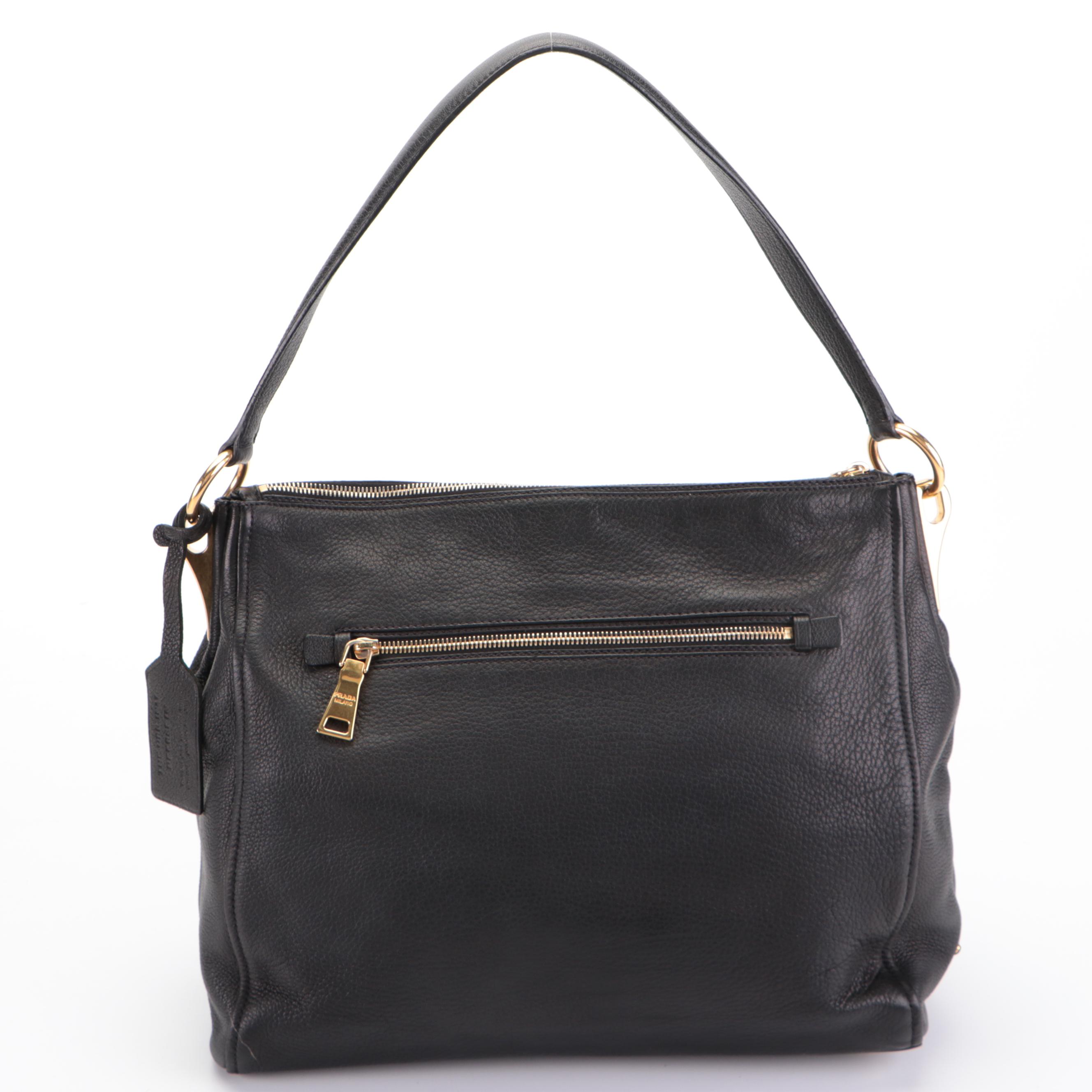 Prada Push-Lock Zip Shoulder Bag in Black Deerskin