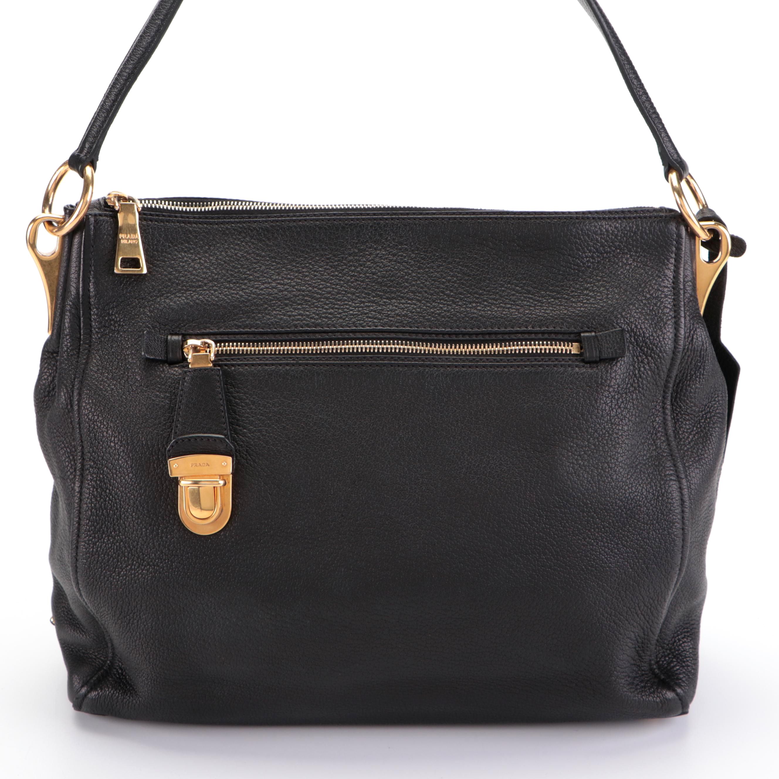 Prada Push-Lock Zip Shoulder Bag in Black Deerskin