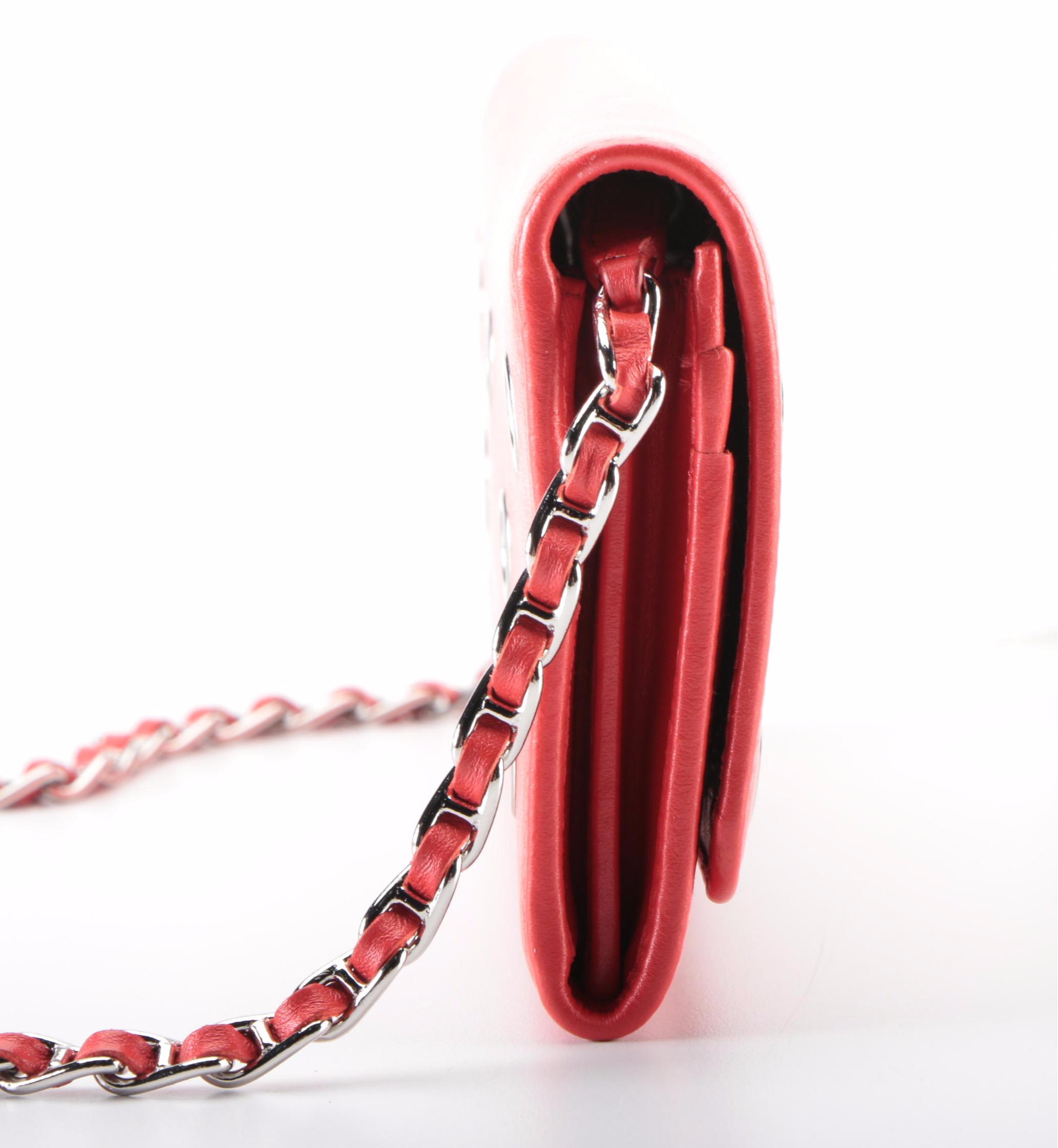 Prada Wallet on Chain Clutch in Grommet Embellished Red Leather