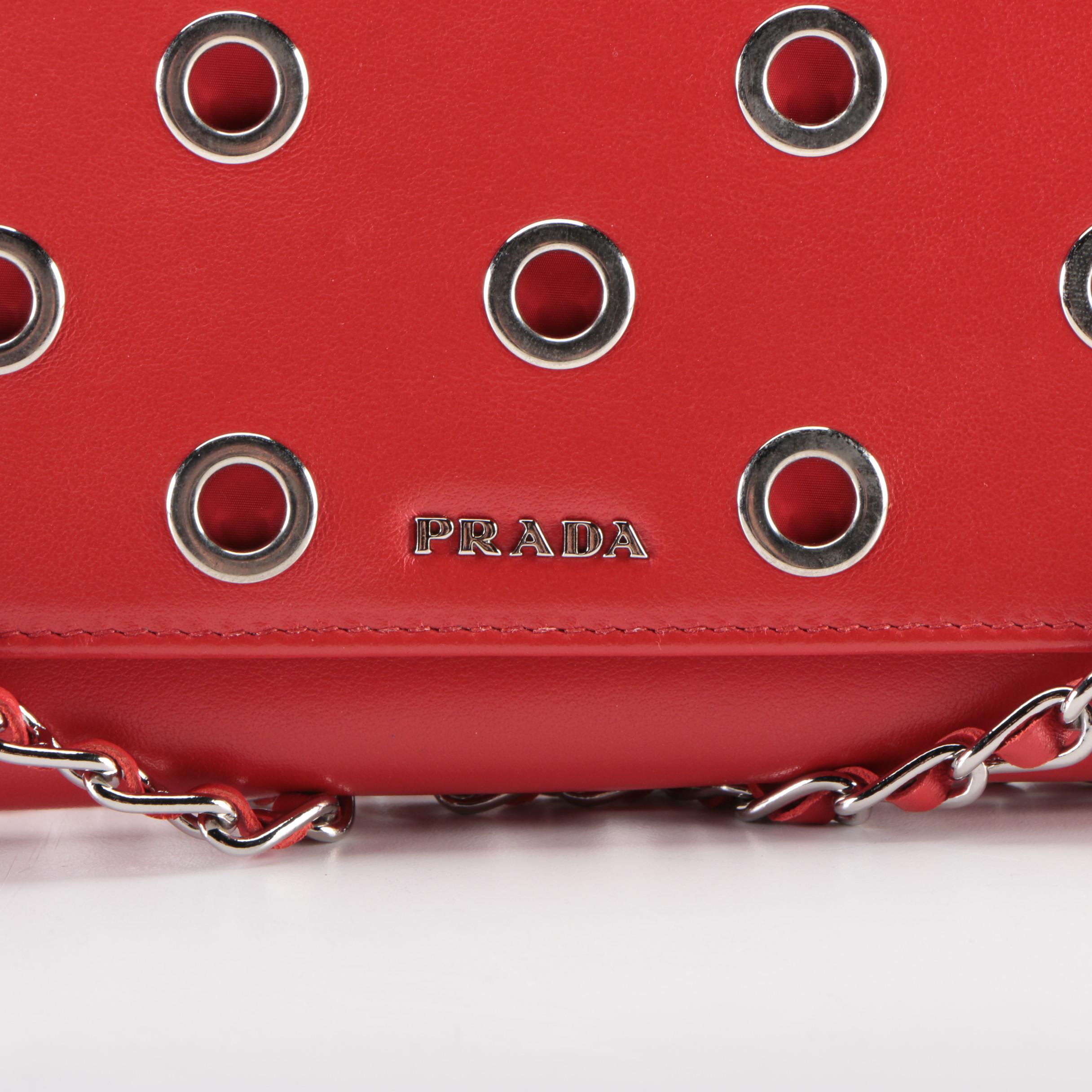Prada Wallet on Chain Clutch in Grommet Embellished Red Leather