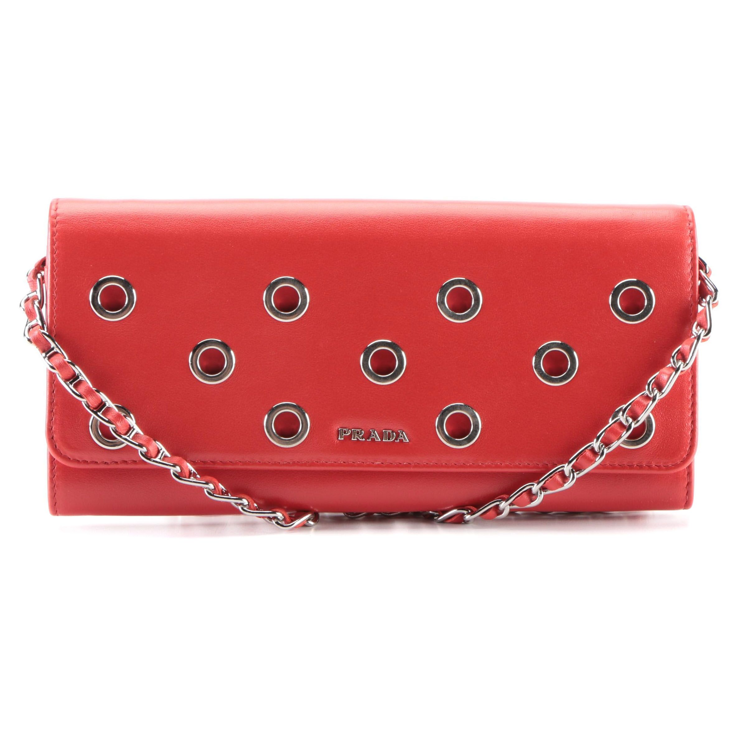 Prada Wallet on Chain Clutch in Grommet Embellished Red Leather