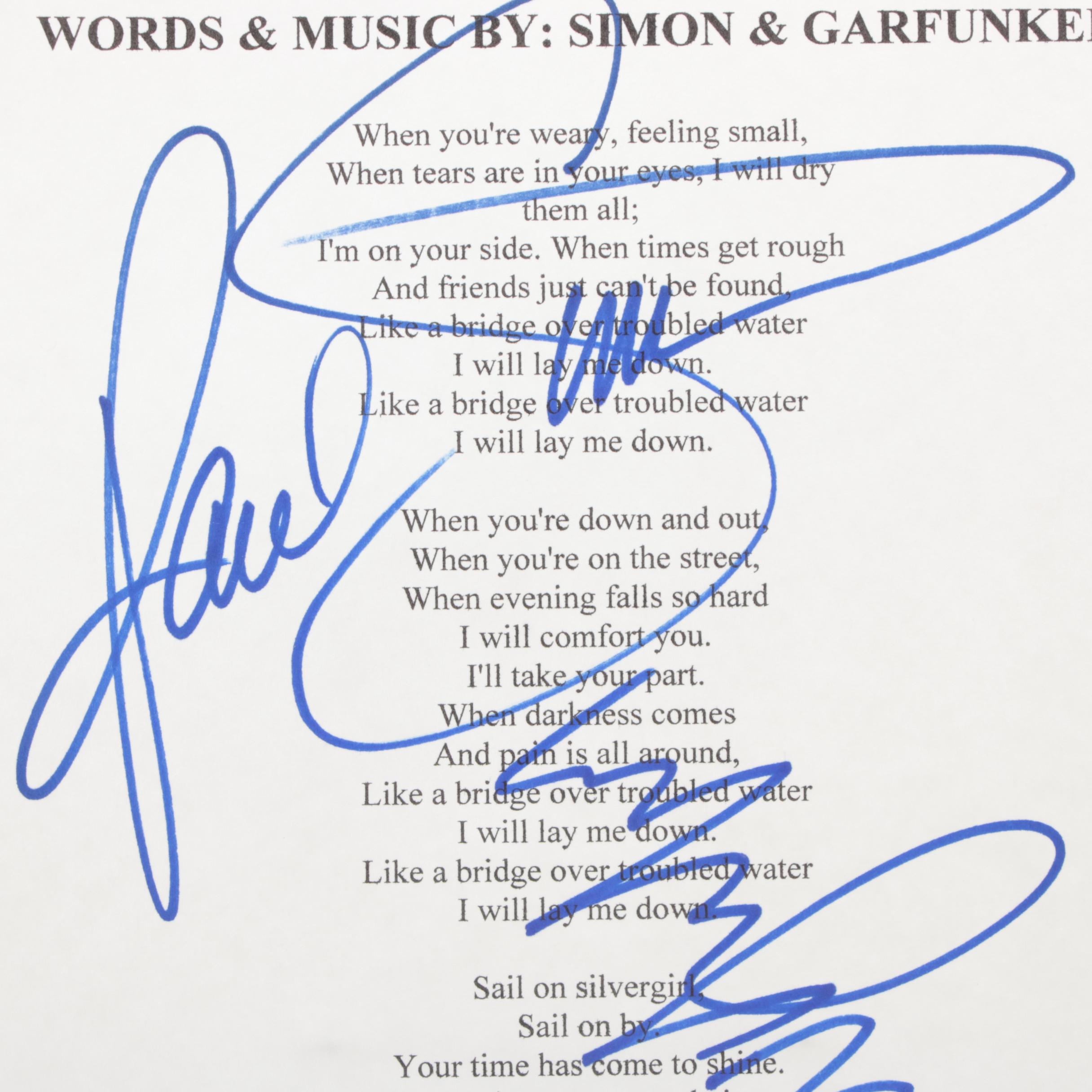 Simon & Garfunkel Signed "Bridge Over Troubled Water" Lyrics, COA
