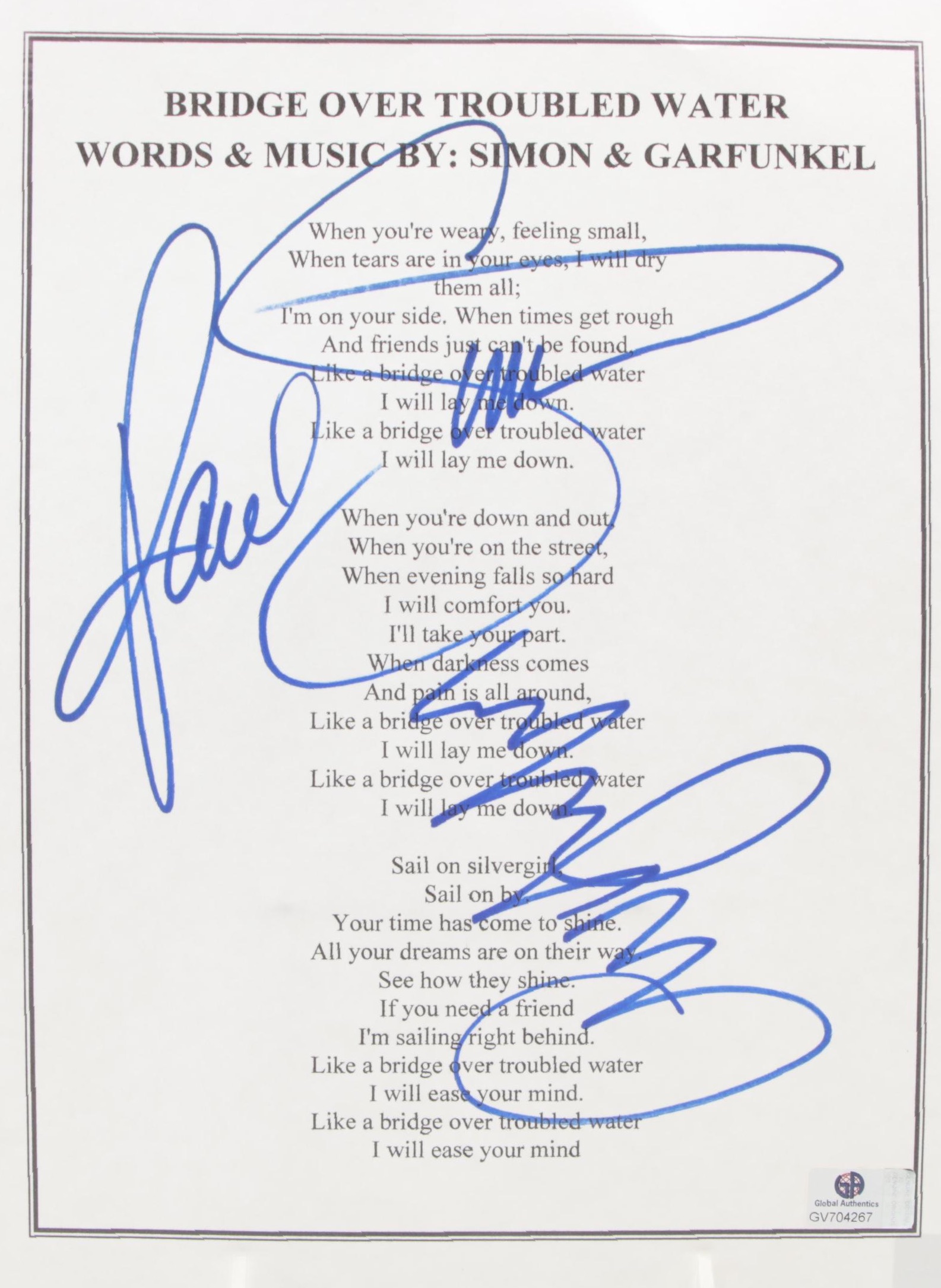 Simon & Garfunkel Signed "Bridge Over Troubled Water" Lyrics, COA