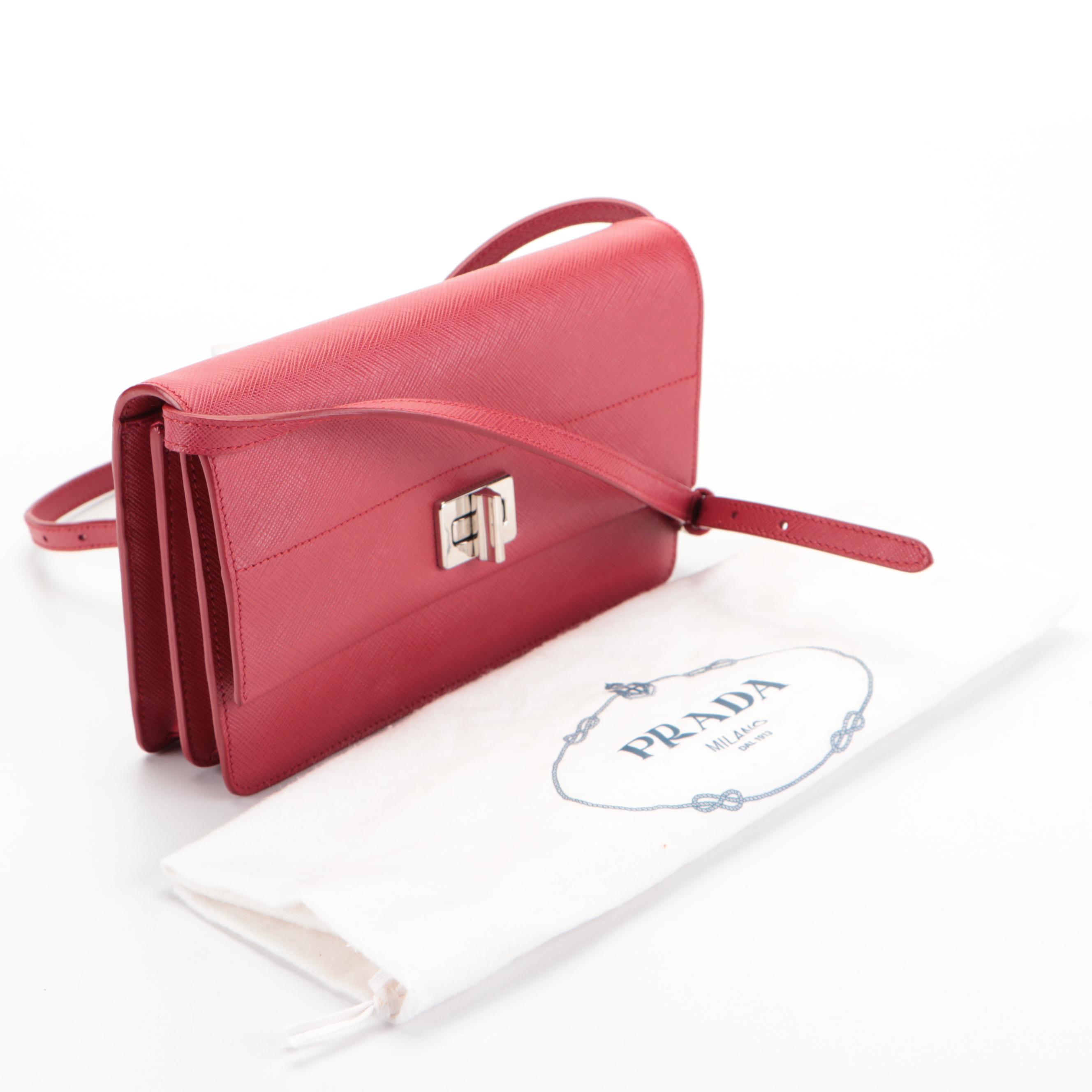 Prada Turn Lock Small Crossbody in Red Saffiano Leather