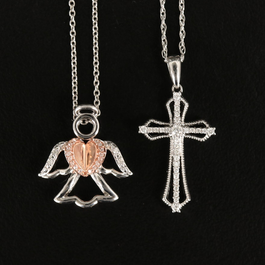 Sterling Diamond Cross and 10K Accented Angel Pendant Necklaces