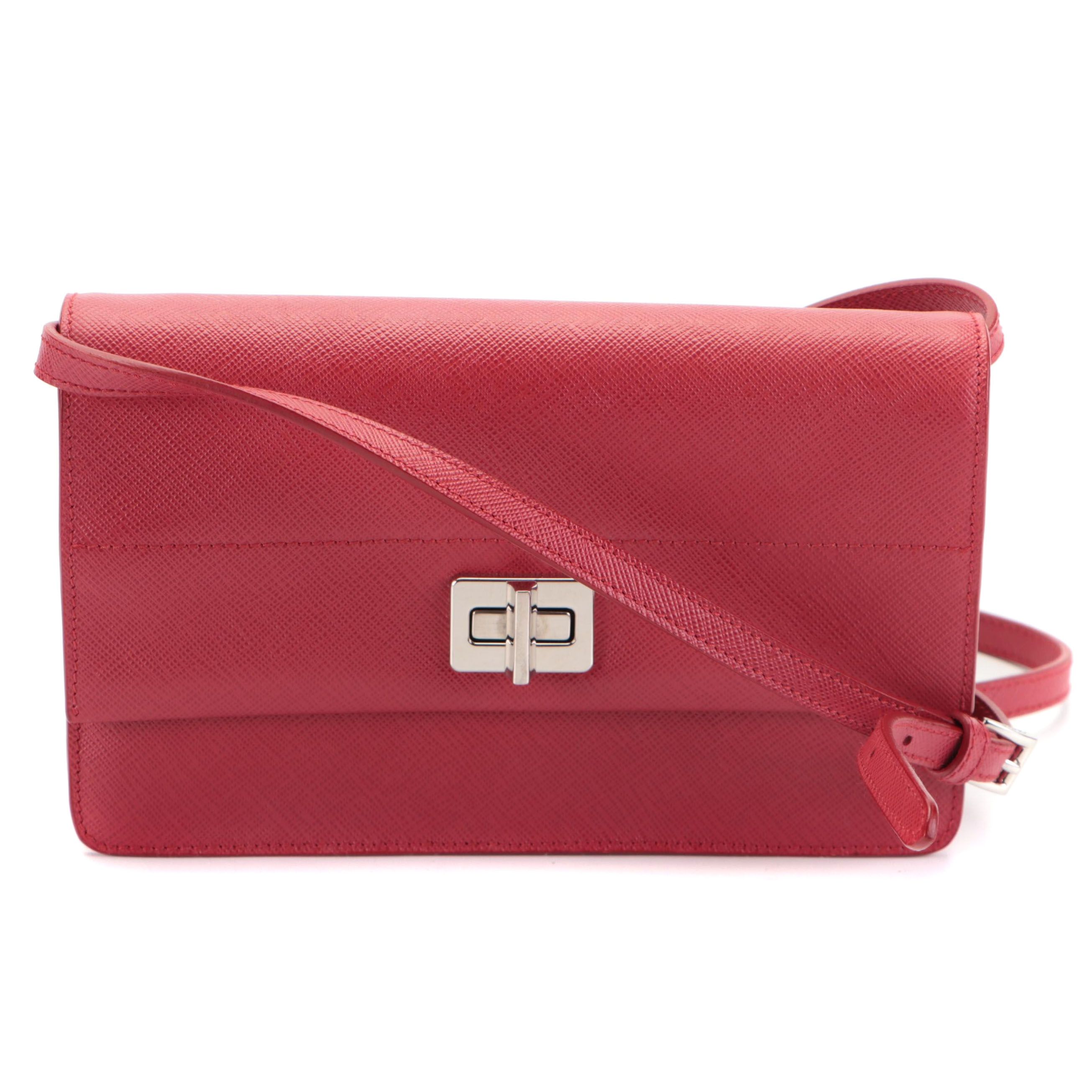 Prada Turn Lock Small Crossbody in Red Saffiano Leather