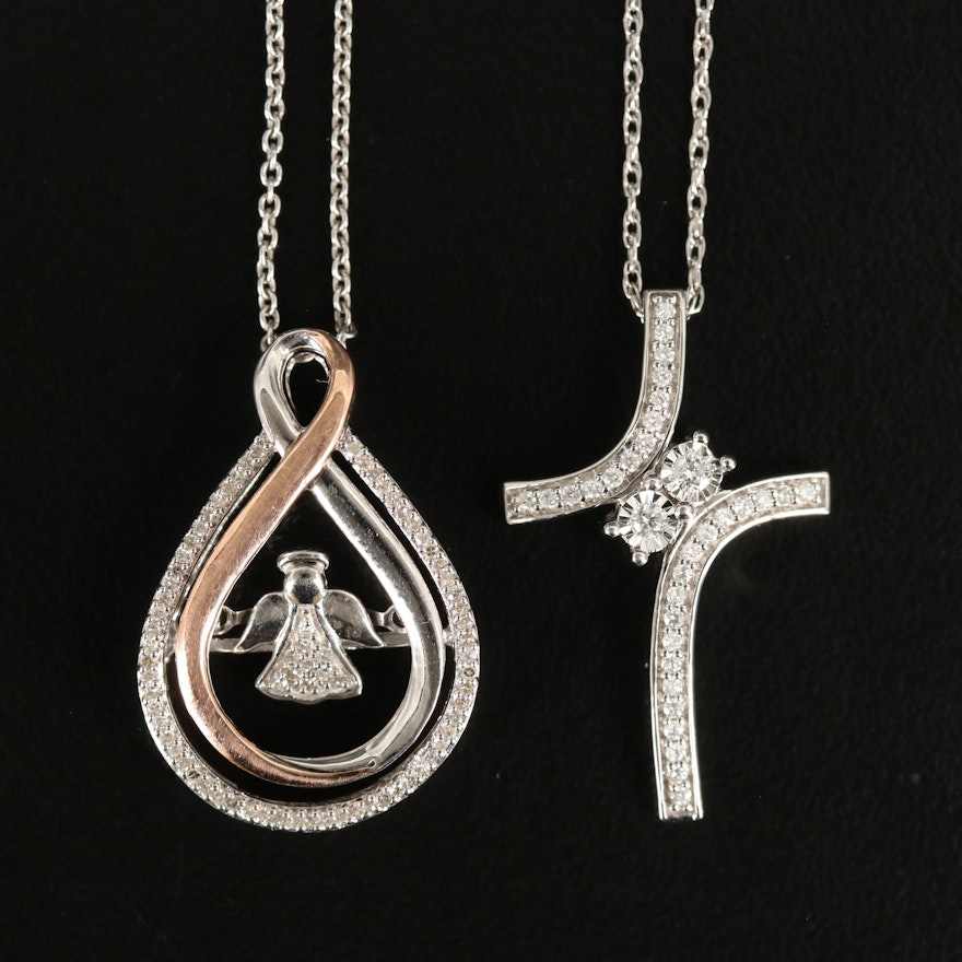 Sterling Diamond Cross and Articulated Angel Pendant Necklaces