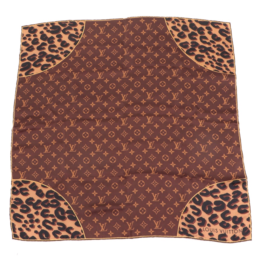 Louis Vuitton Monogram and Abstract Leopard Print Silk Twill Scarf with Box