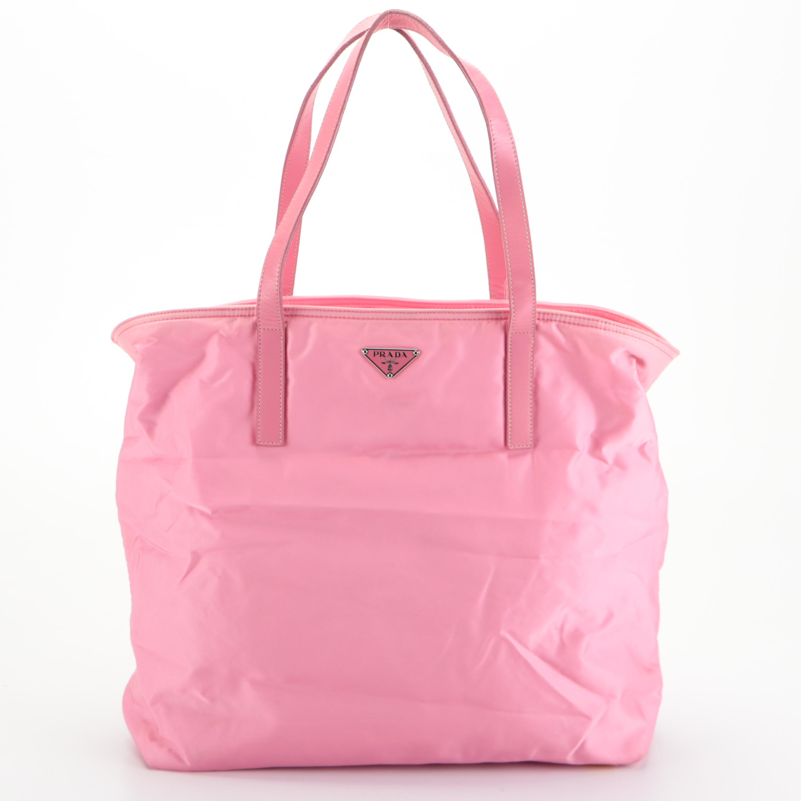 Prada Zip-Top Tote Bag in Pink Tessuto Nylon with Leather Trim