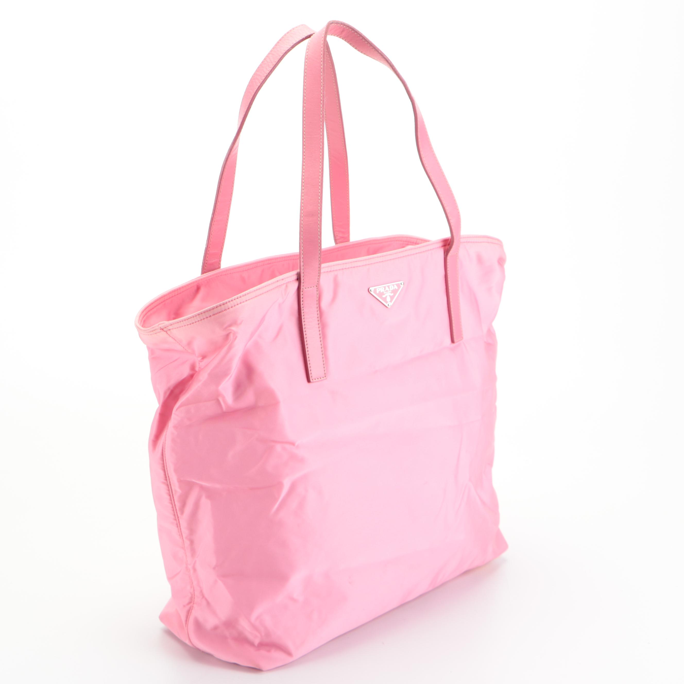 Prada Zip-Top Tote Bag in Pink Tessuto Nylon with Leather Trim